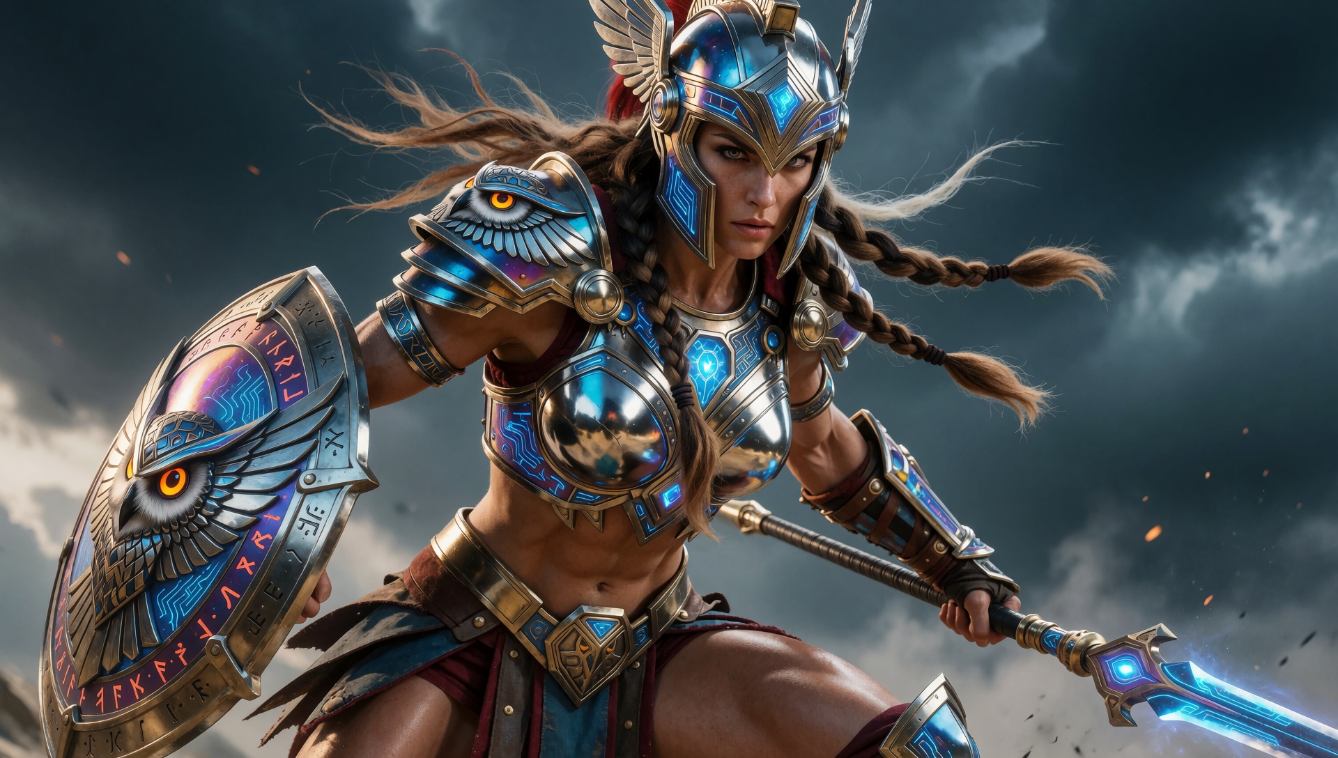 A muscular,  athletic female warrior stands tall,  wearing intricately detailed on Tensor.Art
