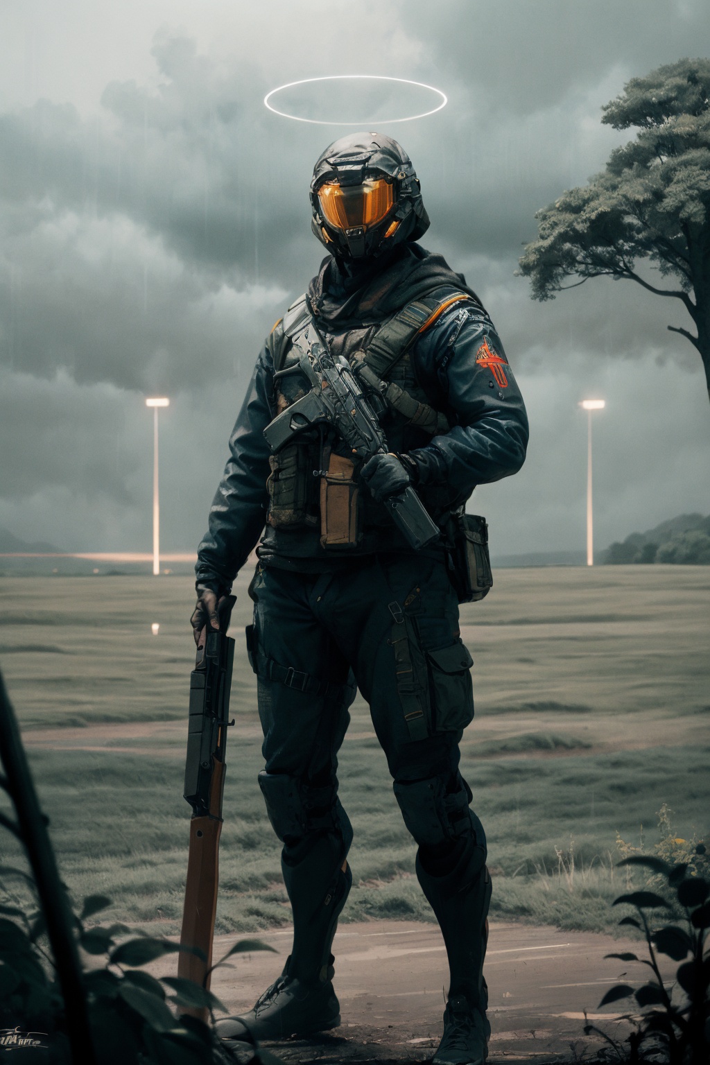 -weapon, gun, solo, holding weapon, holding, halo, holding gun, assault rifle, rifle, science fiction, signature, glowing, jacket, tree,<lora:Apocalypse Aso_20240119162949:1>,Apocalypse Aso,
