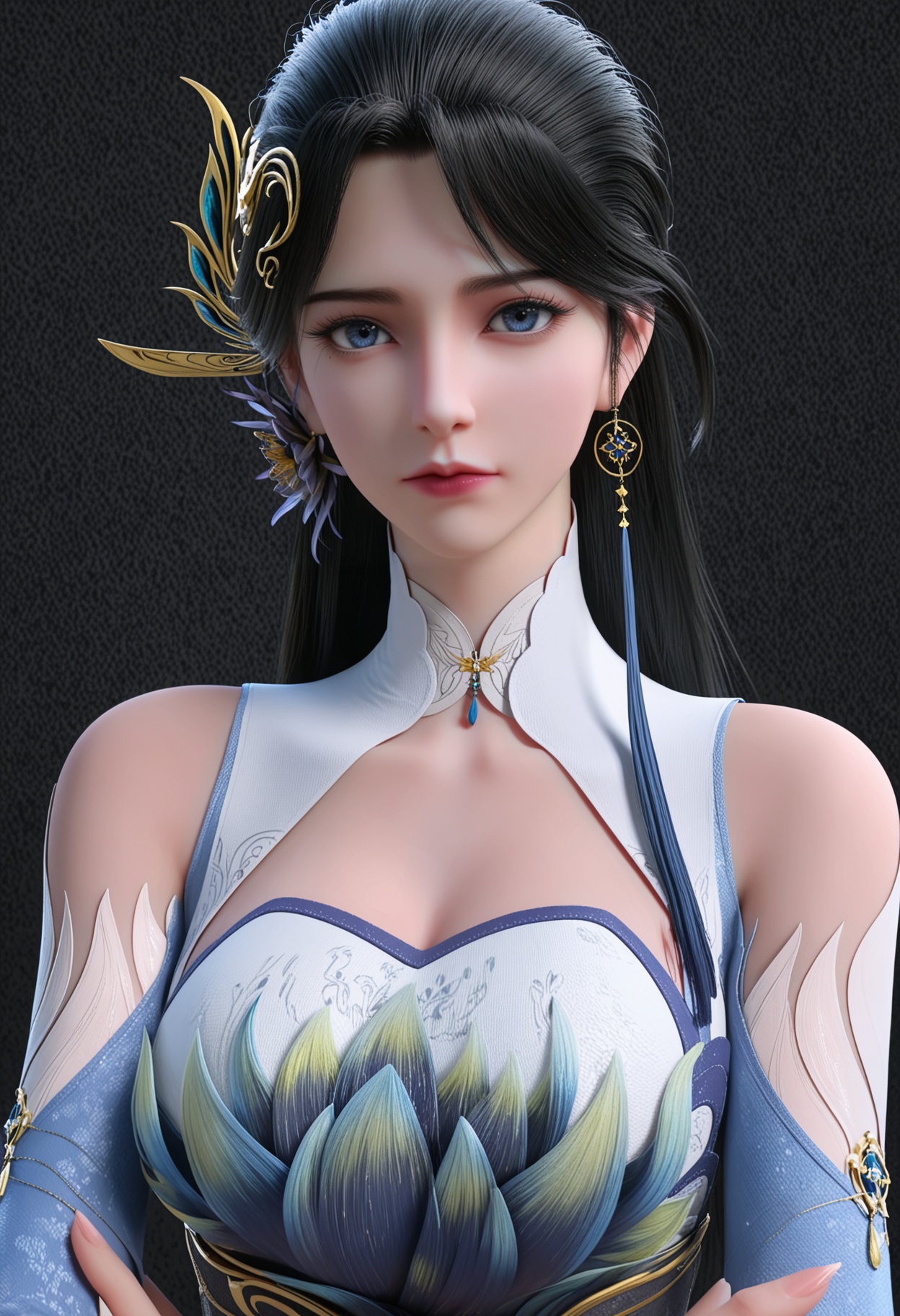 score_9,looking_at_viewer,upper body,large breasts,1girl,solo,black hair,long hair,hair ornament,earrings,jewelry,dress,clothing cutout,closed mouth,realistic,bare shoulders,blue dress,white dress,blue eyes,expressionless,cleavage cutout,chinese clothes,high heels,(simple background,pure black background,black background:1.1),perfect_anatomy,<lora:QQSponyjiangbilanV1:0.8>,