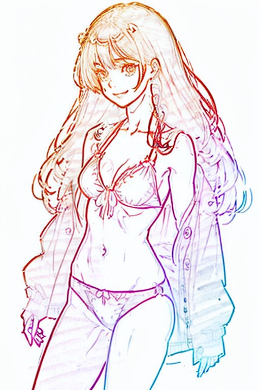 best quality,masterpiece,sketch,monochrome,traditional media,Pencil drawing,1 girl,smile,bikini,(simple background:1.2),(white_background:1.2),<lora:One_Last_Kiss:1>,
