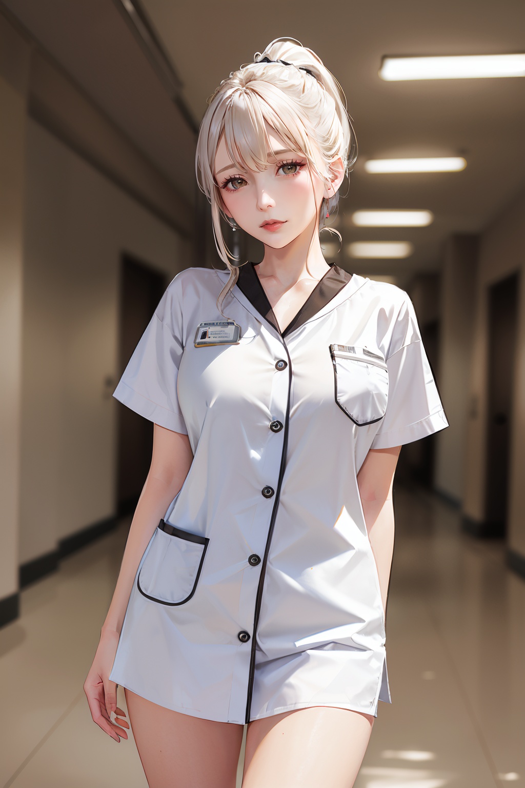 ((masterpiece, highest quality, Highest image quality, High resolution, photorealistic)),(Good structure),DSLR Quality,ito,1girl,solo,realistic,(white hair),high ponytail,indoor,hospital,nurse,looking at viewers,infirmary,upper _body,cowboy_shot,Depth of field,cothing slimming,<lora:MI03:0.8>,