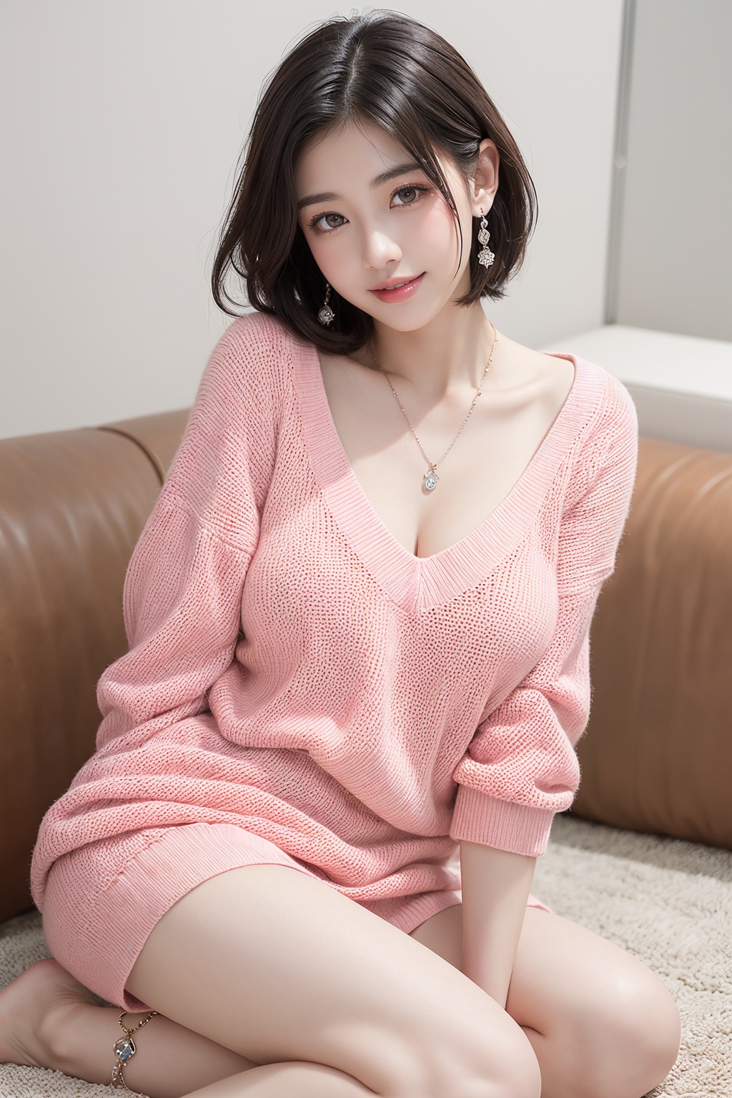 1girl,barefoot, black hair, breasts, brown eyes, collarbone, dress, fishnets, jewelry, large breasts, lips, looking at viewer, necklace, pink dress, pink sweater, short hair, sitting, smile, solo, sweater, yokozuwari trending on pixiv  <lora:NM_FC-Zxiaowu-----小舞姐_2.0:0.66>