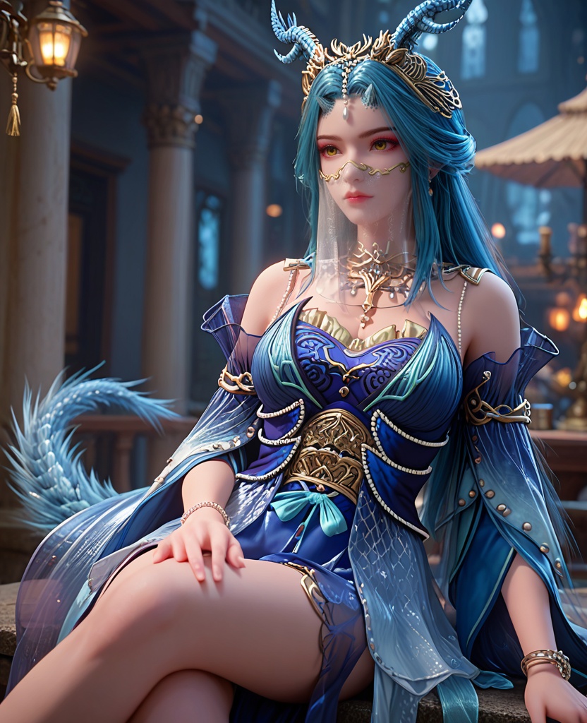 (oriental architecture, elegant decor, sophisticated style:1.1),Sitting on a chair with legs crossed, looking to the side,,(breasts:1.2),<lora:XL完美世界龙女:0.9>,miss longnv,solo,blue dress paired with a beads tight corset,blue dress,mouth veil,detached sleeves,blue hair,horns,red eyeshadow,yellow eyes,jewelry,long hair,bracelet,see-through overskirt,necklace,, zPDXL2, score_9, score_8_up, score_7_up BREAK realistic, masterpiece,best quality, highly detailed,, zPDXL3, zPDXL2,zPDXL, zPDXLxxx, zPDXLrl,