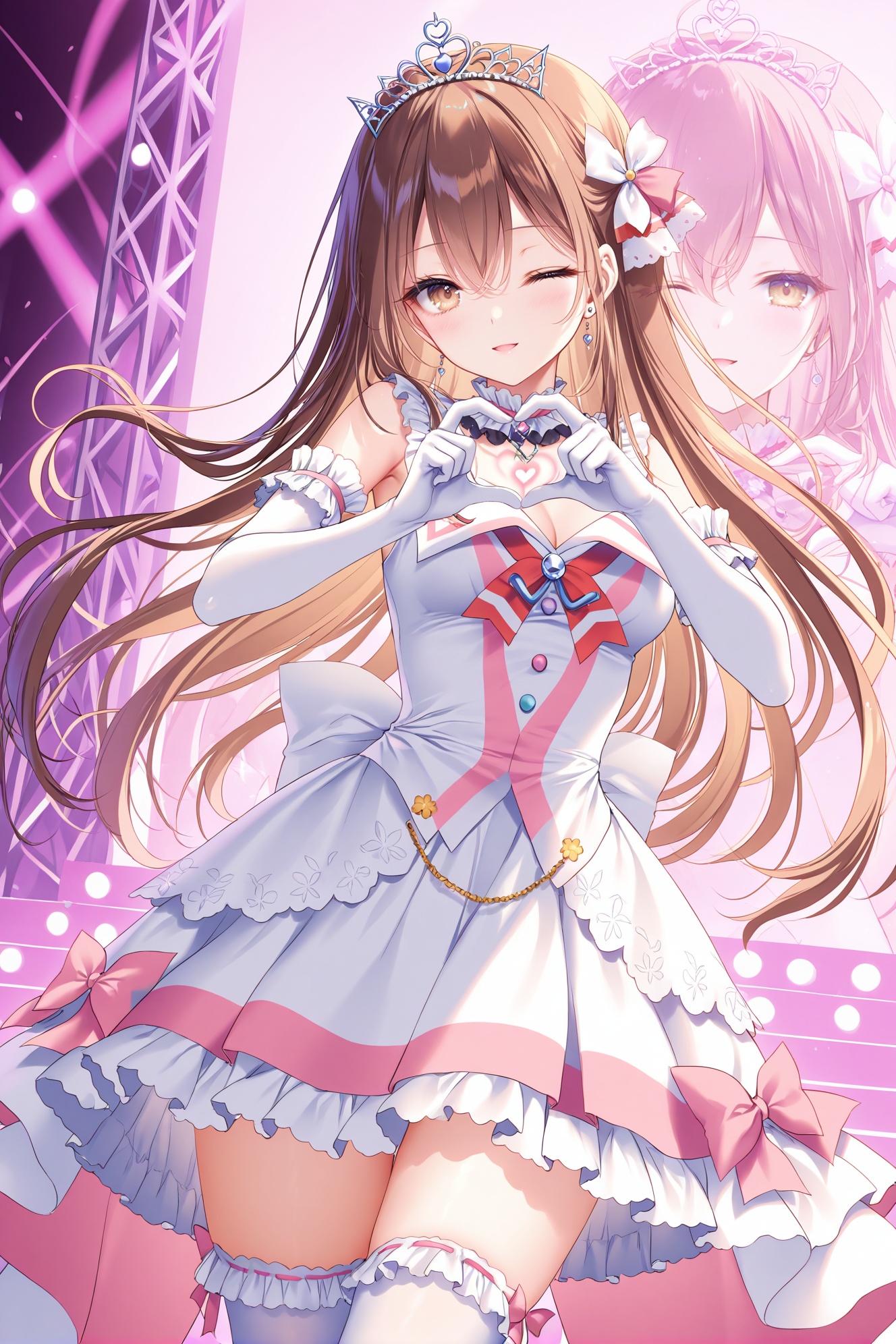 masterpiece, best quality, newest, absurdres, highres,(toosaka asagi: 0.5),(hiten \(hitenkei\):0.4),(rimuu:0.5),(mignon:0.5),(sheya:0.6),light smile,open mouth, one eye closed,   ensemble style, chihiro(ensemble), brown eyes,brown hair,  hair ribbon,long hair, aquaidol, white thighhighs, frilled dress, two-tone dress, print thighhighs, frilled thighhighs,elbow gloves,tiara,cowboy shot,standing,arm up,stage,  pointing at viewer,   heart hands, 4-Finger Heart Hands,<lora:chihiroXLNAI:0.7>,<lora:aquaidolXLNAI:1>,<lora:heartposeXLNAI:0.6>