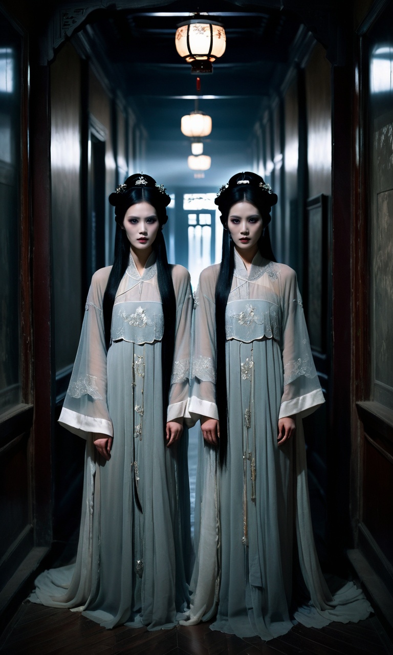 cinematic photo ghost, twin female ghosts, supernatural beings, eerie, pale skin, dark eye makeup, traditional Chinese attire, flowing robes, gossamer fabric, ethereal, mirror image, dim lighting, ominous atmosphere, dark hallway, traditional hair accessories, suspenseful, muted color palette, ancient architecture, reflection, psychological horror, doppelgĂ¤nger theme, unsettling expressions, floor-length gowns, intricate embroidery, ghostly appearance, cinematic composition, high-quality image.<lora:Horror_ghost:0.8>,  . 35mm photograph, film, bokeh, professional, 4k, highly detailed