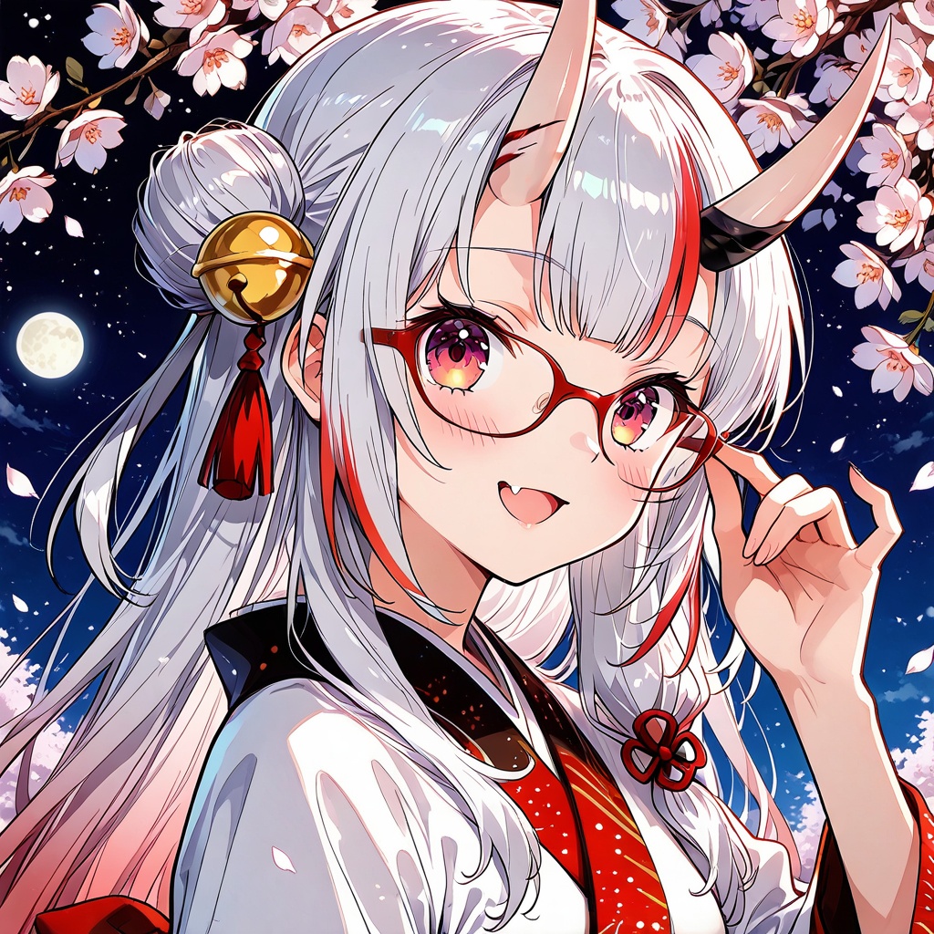 Melting,1girl, nakiri ayame, virtual youtuber, horns, oni horns, solo, glasses, multicolored hair, double bun, japanese clothes, red eyes, hair ornament, red hair, long hair, hair bun, streaked hair, bell, looking at viewer, hair bell, kimono, smile, night, white hair, fang, oni, open mouth, blush, upper body, sky, outdoors, bangs, white kimono, star (sky), adjusting eyewear, hair ribbon, jingle bell, ribbon, :d, night sky,(UHD),anatomically correct,accurate,textured skin,super detail,high details,award winning,best quality,high quality,retina,16k,HD,1080P,8k,