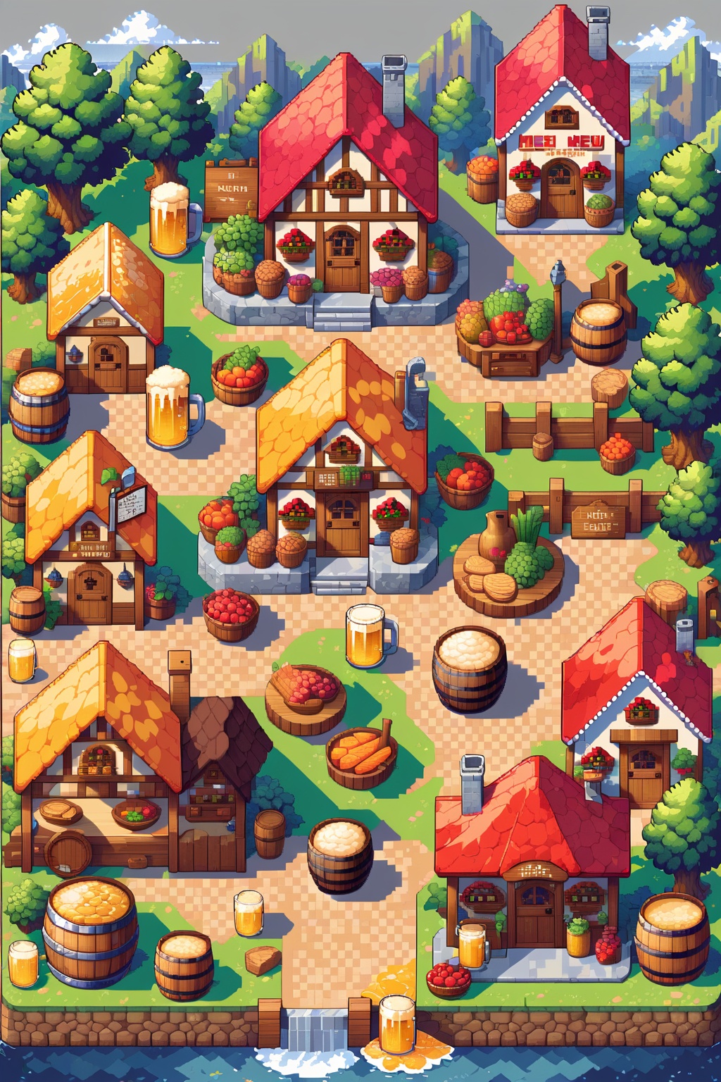 Abar_\(place\), barrel, beer_mug, bottle, commission, english_commentary, fence, grey_background, house, menu_board, no_humans, pixel_art, still_life, table， <lora:lora:0.9>