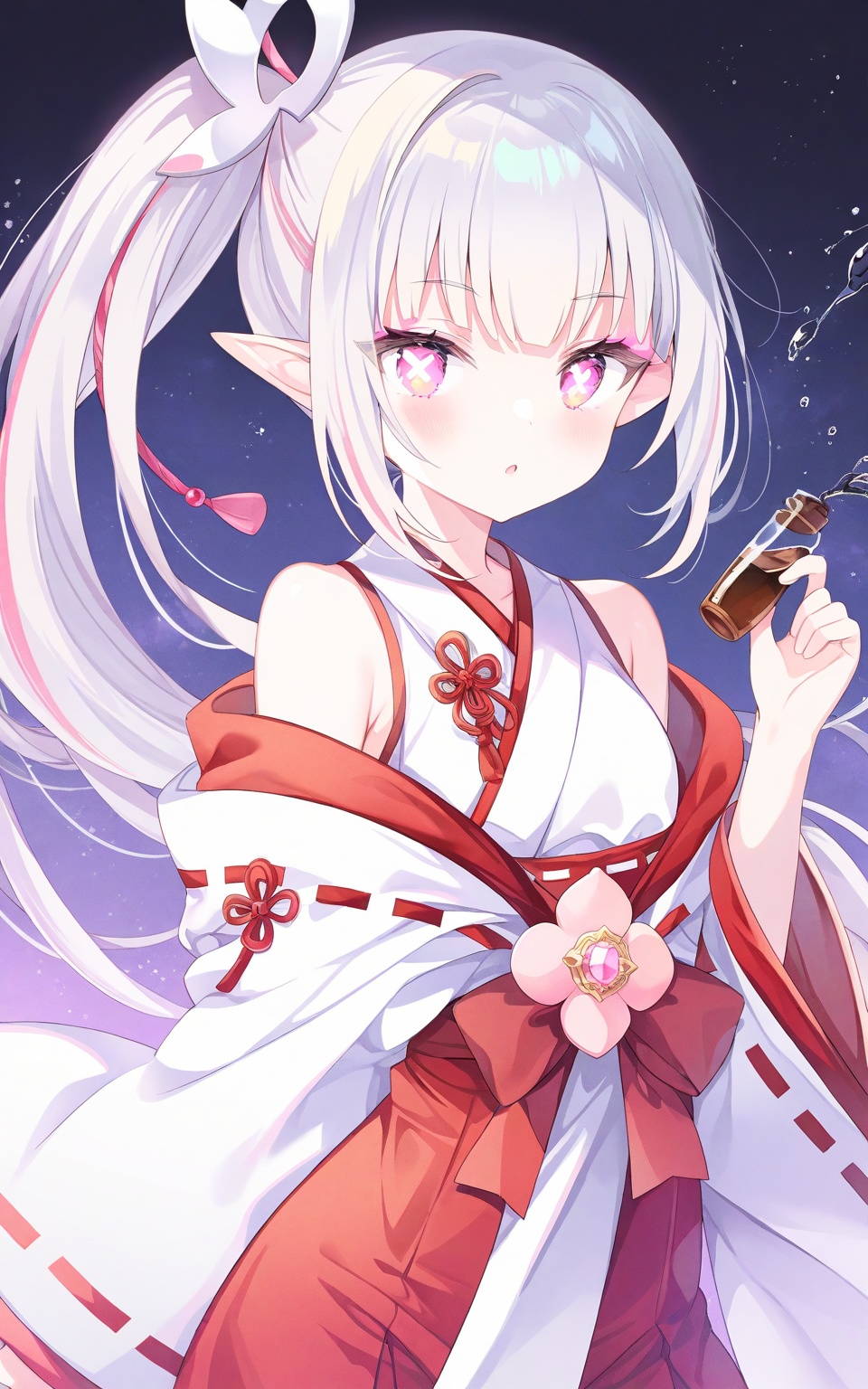 O,Noyu,Torino,0,Spring couplets,red envelopes,1girl,solo,bishoujo,elf,miko,magical_girl,white_skin,shiny_skin,fair_skin,oil,slender,white hair,silver hair,streaked hair,ponytail,Side ponytail,short ponytail,elf ears,pointy_ears,pink eyes,pink eyeshadow,glowing_eye,water_eyes,x-shaped_pupils,bare shoulders,narrow_waist,