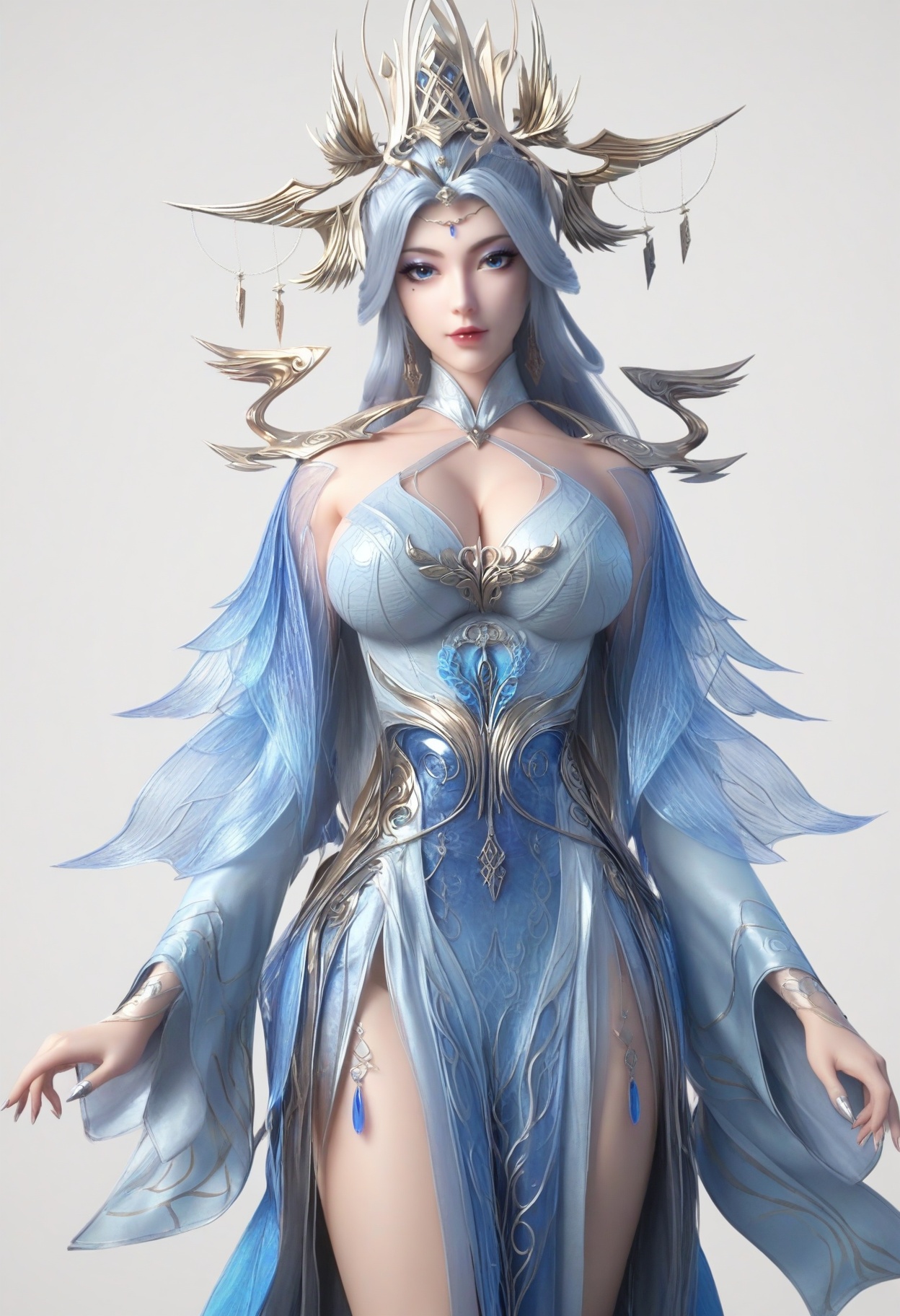 score_9,<lora:SF_NingYuDieSecondCothing_Pony_Realism2.3-000003:0.7>,hair ornament,long hair,dress,eyeshadow,blue eyes,1girl,breasts,large breasts,solo,looking at viewer,white background,simple background,