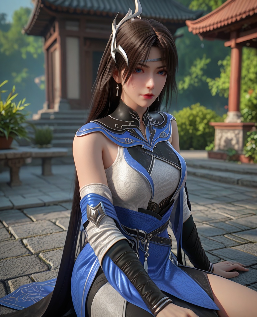 (oriental architecture, elegant decor, sophisticated style:1.1),(Sitting on a bench, hands clasped in the lap, lost in deep thought and contemplation,:1.1),(breasts:1.2),<lora:XL百炼成神裴芸:0.95>,miss peiyun,black hair,long hair,jewelry,earrings,blue eyes,hair ornament,detached sleeves,dress,breasts,bare shoulders,circlet,mole under eye,sash,, zPDXL2, score_9, score_8_up, score_7_up BREAK realistic, masterpiece,best quality, highly detailed,, zPDXL3, zPDXL2,zPDXL, zPDXLxxx, zPDXLrl,