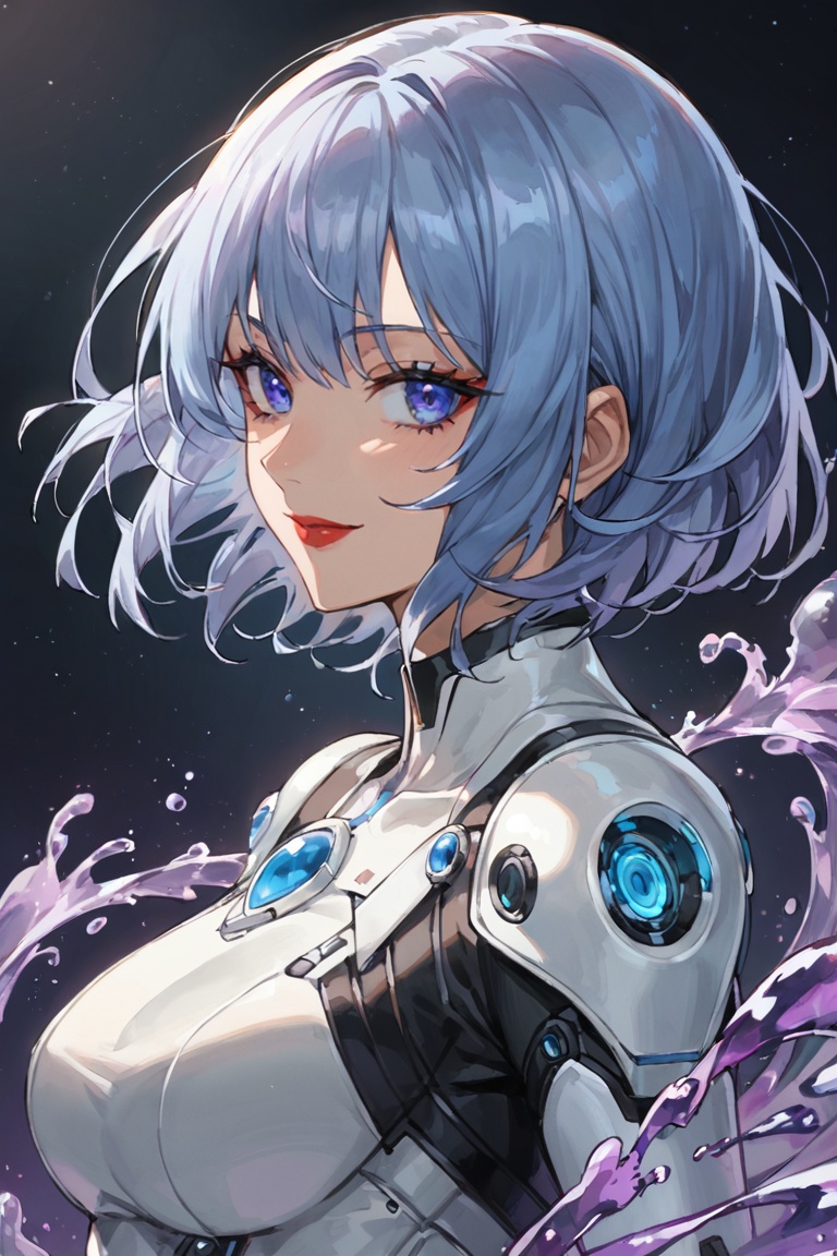 score_9, score_8_up, score_7_up, masterpiece, best quality, absurdres, very aesthetic, source_anime, detailed illustration, 8K UHD, ((white futuristic clothes with black piping:1.3)), upper body, side view, 1girl, solo, ((looking at viewer:1.1)), blue hair, short hair, bob haircut, bangs, blue eyes, red lips, slight smile, closed mouth, flowing hair, makeup, dark background, ((purple water swirl around her:1.2))