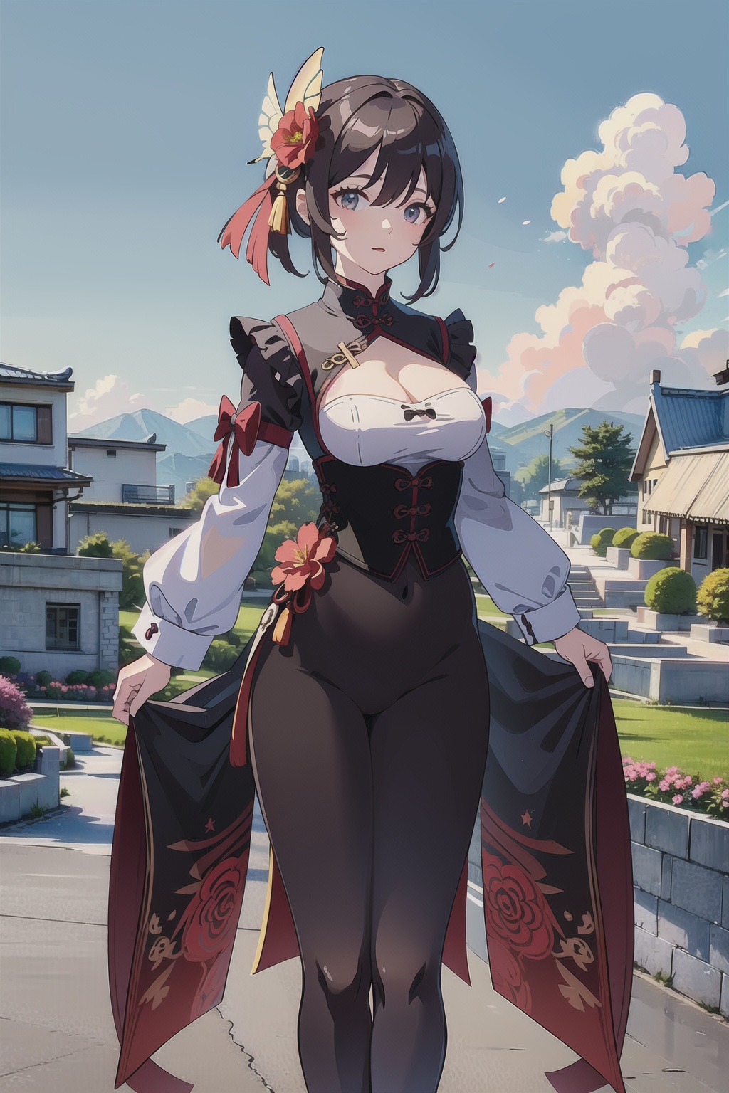 (Masterpiece: 1.2), (Best Quality: 1.2), (Ultra High Resolution: 1.2),A young woman with a big chest, plump, charming woman, solo, perfect face, beautiful woman, Chinese qipao costume, this building, surrounded by flowers, spring, blue sky and white clouds, full body, close-up, intoxicated appearance, butterfly, petals, seeing cleavage, deep cleavage, 