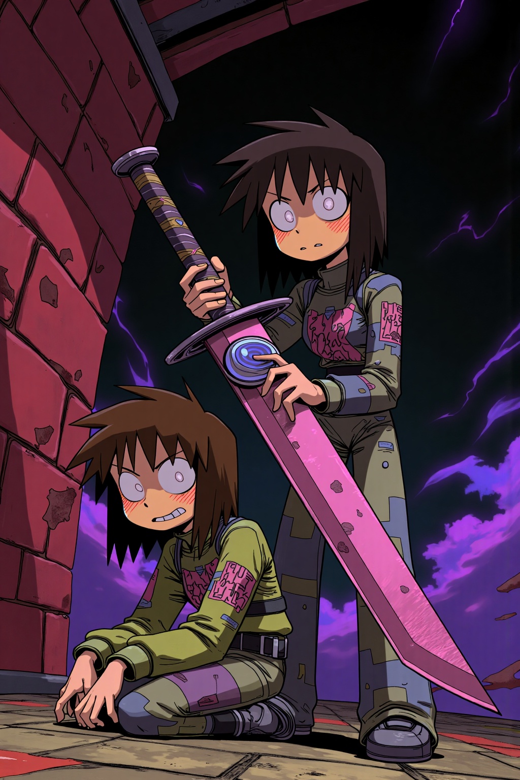 beijihui,An animated cartoon image of two cartoon characters,one with brown hair and the other with black hair. The character on the left is sitting on the ground,while the one on the right is standing. Both of them are holding a large knife in their hands. The knife has a pink blade and a blue circle on it. The background is dark,and there are purple clouds in the background. To the left of the knife is a red brick wall.,