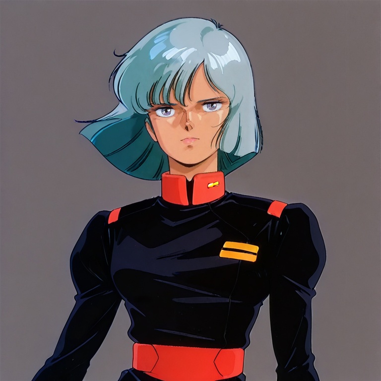 masterpiece, best quality,solo,(grey background:1.2),simple background,1girl,looking at viewer,  retro artstyle, anime_style, gundam_zz_tv_style, uc_0088_style, 1980s \(style\)<lora:UC0088_gundam_ZZ_TV_style_ill:0.8>