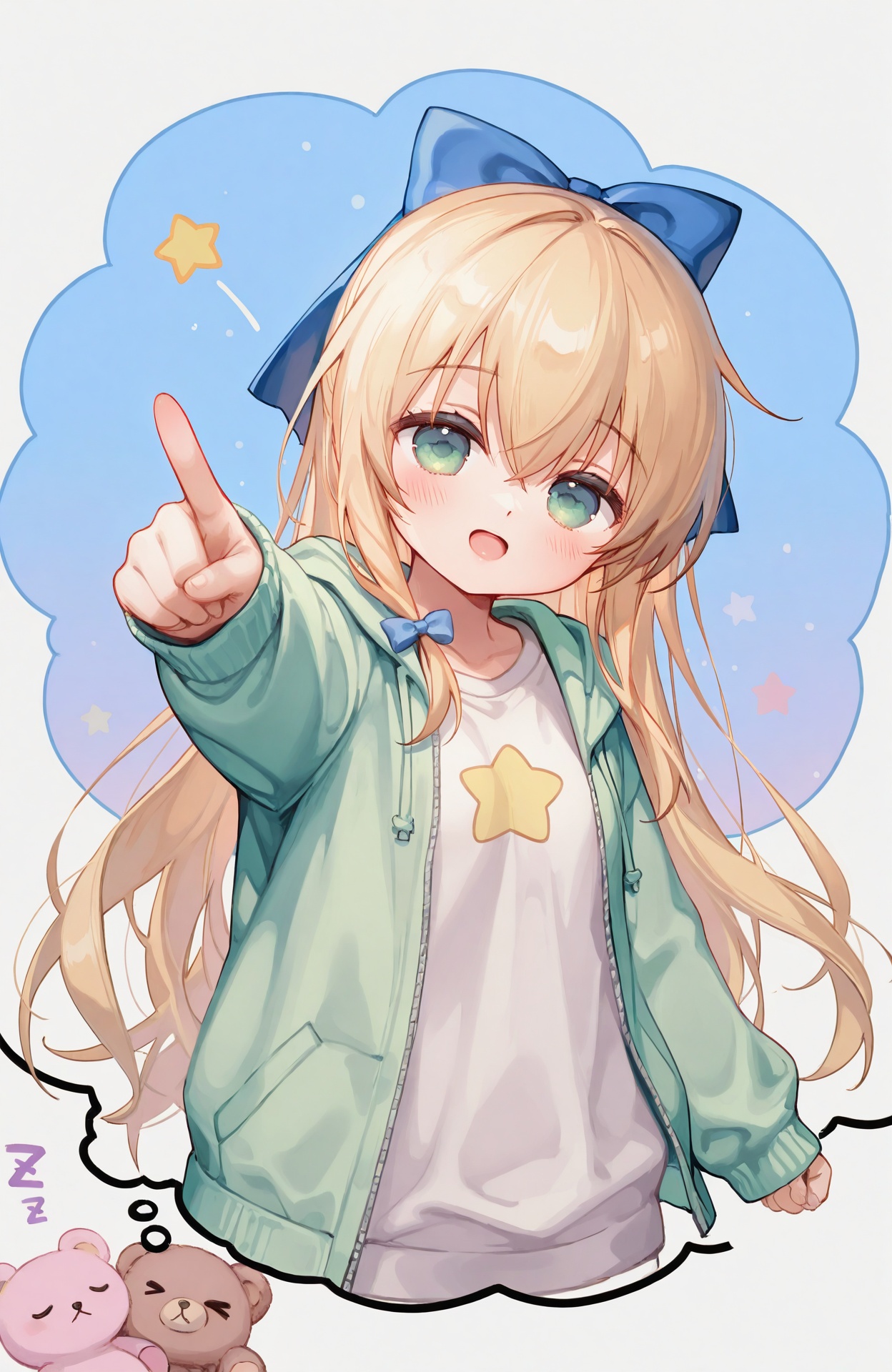 masterpiece,absurdres,best quality,petite,high quality,chromatic_aberration,loli,//,girl,solo,long hair,looking at viewer,blush,smile,open mouth,bangs,blonde hair,long sleeves,bow,hair between eyes,very long hair,green eyes,jacket,closed eyes,:d,hair bow,food,open clothes,star \(symbol\),open jacket,sleeves past wrists,stuffed toy,white jacket,sleeping,stuffed animal,hood down,outstretched arm,pointing,teddy bear,green jacket,stuffed bunny,pointing at viewer,zzz,dreaming,artist:ciloranko,