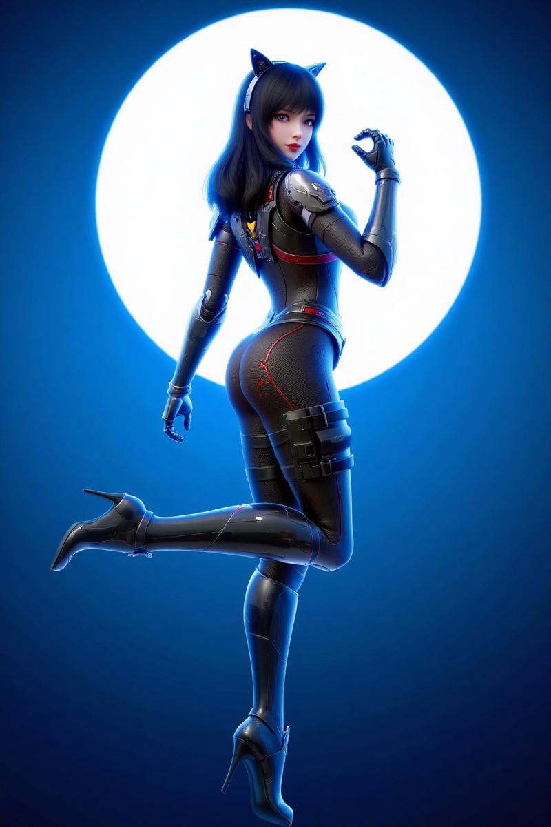 The little girl is 19 years old,overwatch,boots,full body,solo,1girl,boots only,bodysuit,medium breasts,high heels,black hair,looking back,sfw,butt,overwatch (series),high heels only,looking at viewer,photoshop (medium),photoshop (medium),moon,highleg,black bodysuit,long hair,highleg bodysuit,highleg leotard,cat ears,bodysuit only,purple eyes,cat ears,from behind,breasts,original,