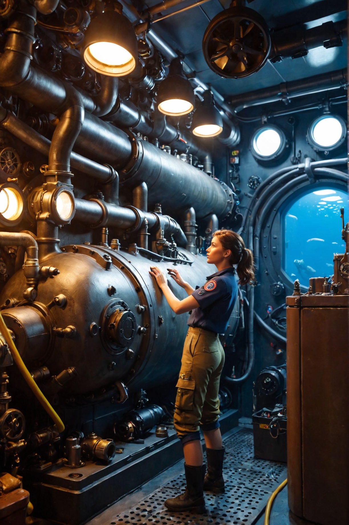 woman mechanic working in a submarine engine room(photorealistic) (best quality) (intricate details) (cinematic lighting)...