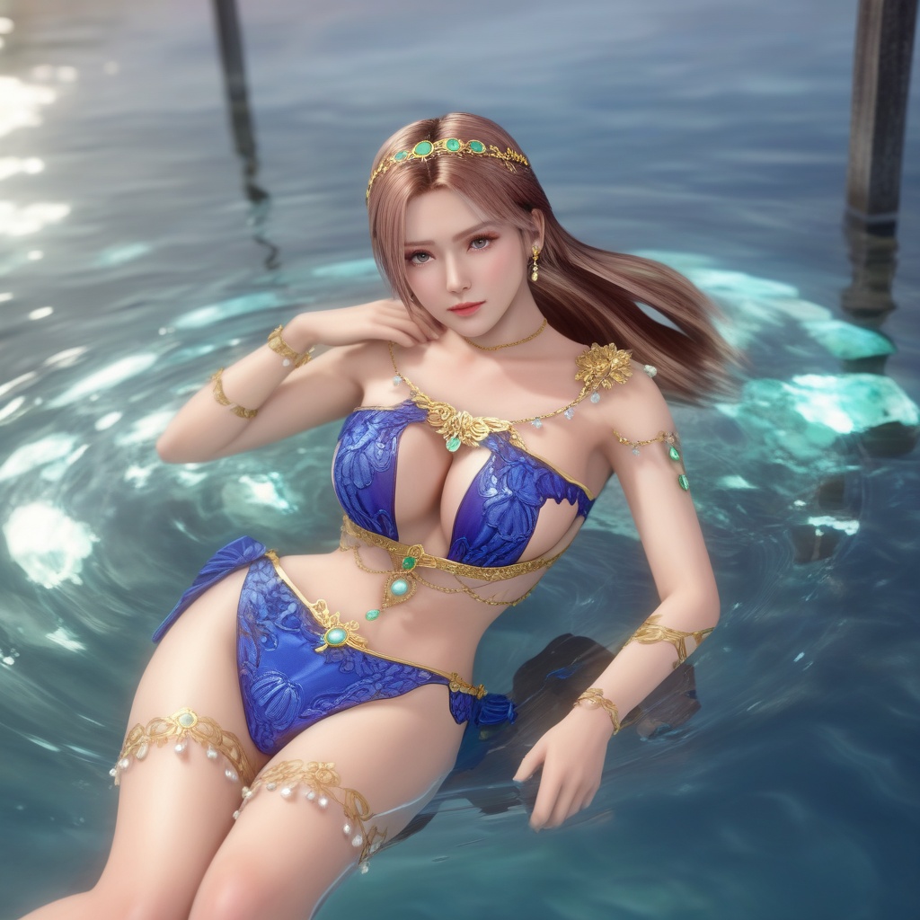 <lora:847-DA-XL-死或生-Elise-BirthdaySuit-20220903:0.8>, (,1girl, ,best quality, ),,masterpiece, ((((1girl, solo, , ,solo focus, lying on water, )))) (cleavage),,  (), ,ultra realistic 8k cg,   clean, masterpiece,     (( , )),,  , unreal, science fiction, luxury, jewelry, diamond, gold, pearl, gem, sapphire, ruby, emerald, intricate detail, delicate pattern, charming, alluring, seductive, erotic, enchanting, hair ornament, necklace, earrings, bracelet, armlet,halo,(cleavage),, , (),