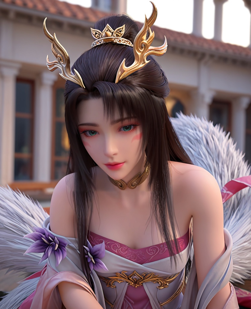 (oriental architecture, elegant decor, sophisticated style:1.1),Looking down, hands on the hips,,(breasts:1.2),<lora:XL完美世界天狐仙子:0.9>,miss tianhuxianzi,solo,white dress with pink minidress underneath,shawl sleeve,multilayer fart curtain,green eyes,(glittering eyeshadow:1.3),facial mark,mole under right eye,black hair,long hair,hair ornament,half tied ponytail,(hanging hair:1.2),choker,jewelry,four-foxtailed,streaked tail tip,flower ornament of purple,parted lips,, zPDXL2, score_9, score_8_up, score_7_up BREAK realistic, masterpiece,best quality, highly detailed,, zPDXL3, zPDXL2,zPDXL, zPDXLxxx, zPDXLrl,