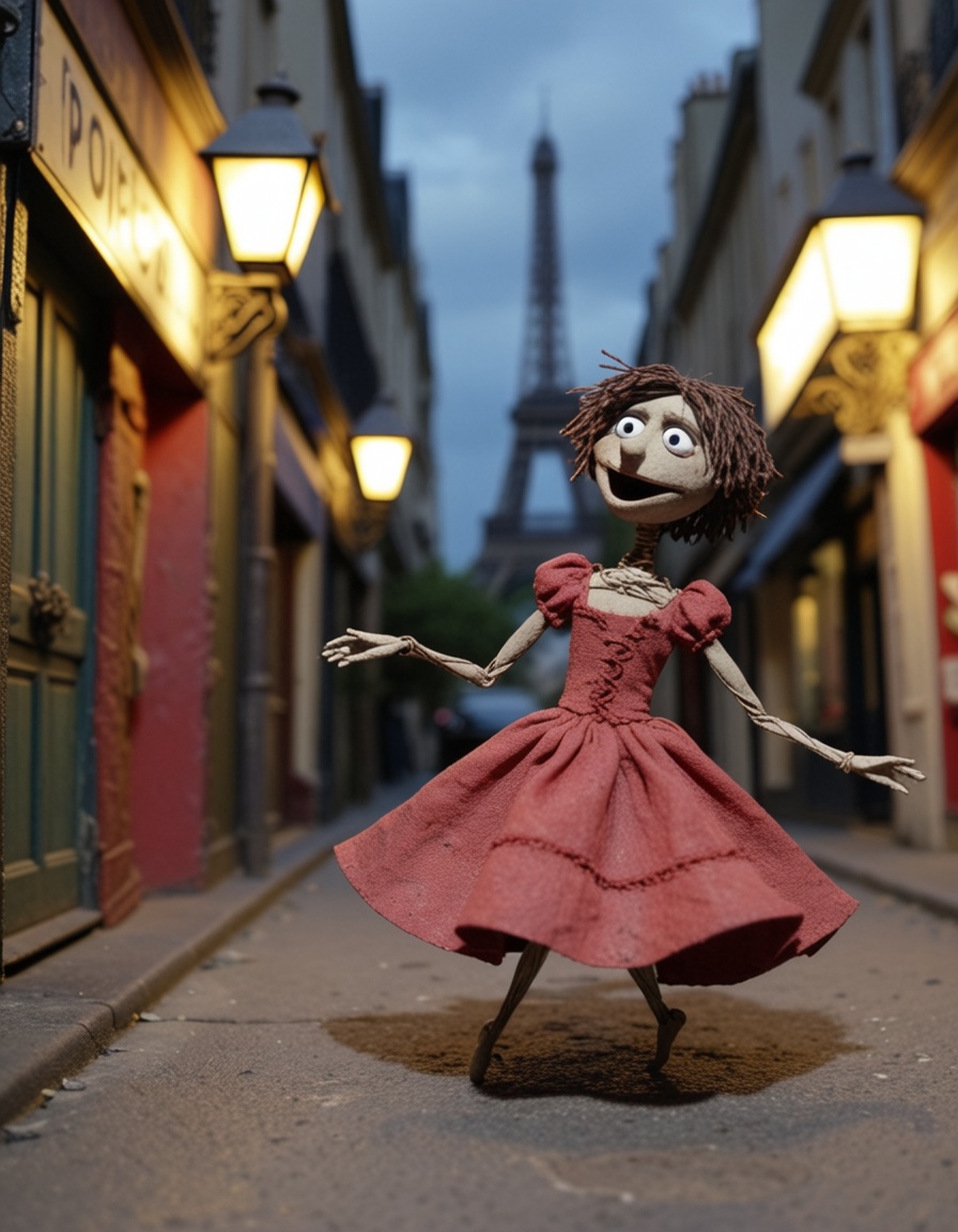 ehstopmotion,  a woman in red dress dancing in the streets of paris on Tensor.Art