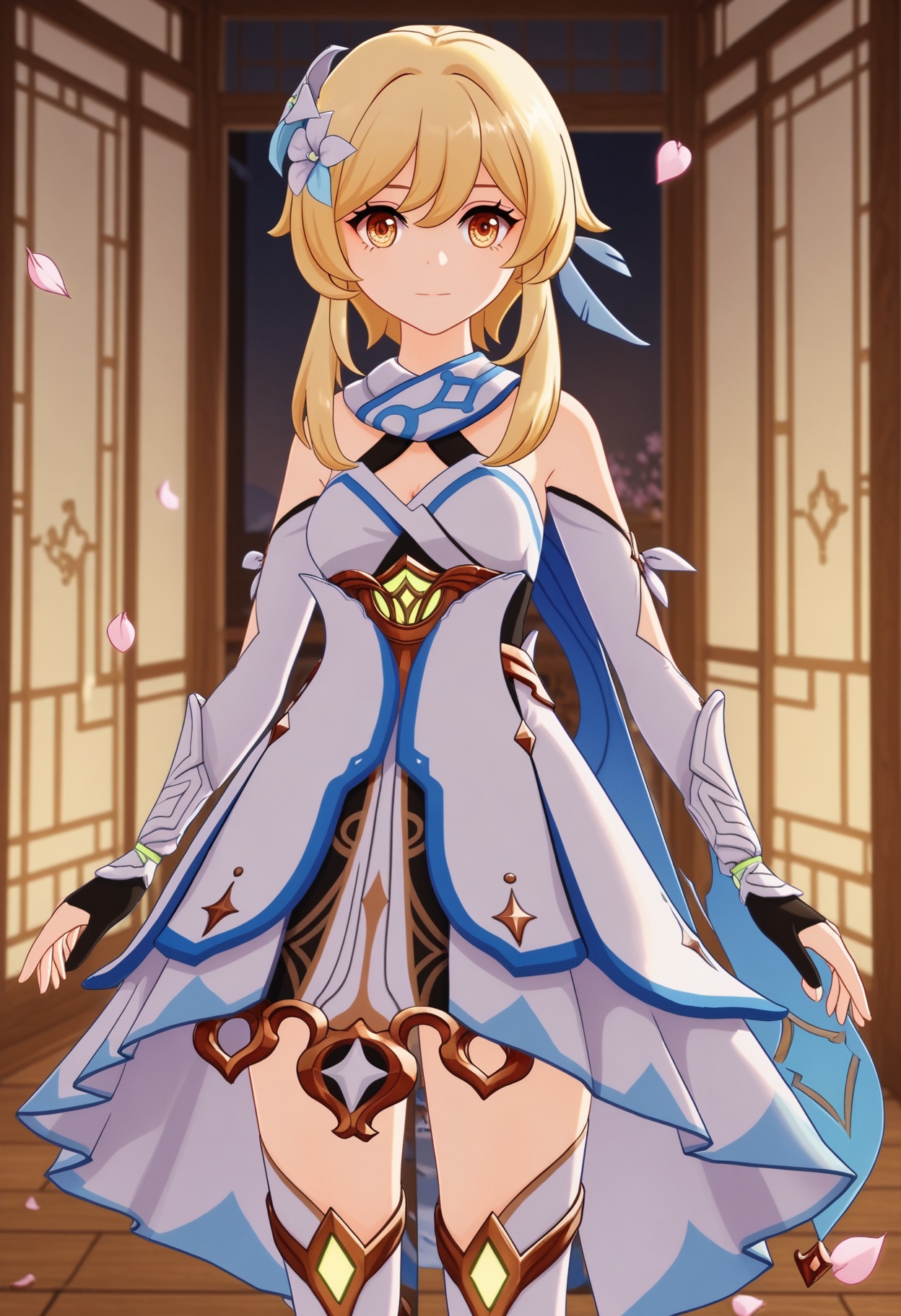 (standing full_body:1.1),looking at viewer:1.1,masterpiece,(best quality),(mutated_hands:-1.2),(bad hands:-1.2),smog,Dark room,dim lighting,peach blossom,falling petals,<lora:YQ_Illustrious光辉v5_荧_V1:0.8>,q1528437228,1girl,solo,lumine (genshin impact),blonde hair,hair ornament,dress,hair flower,white dress,short hair with long locks,detached sleeves,yellow eyes,scarf,sidelocks,feather hair ornament,gloves,white thighhighs,boots,