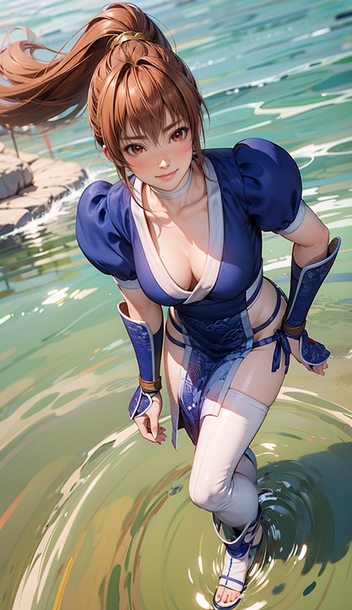 kasumi,1girl,solo,medium breasts,closed mouth,Best quality,masterpiece,ultra high res,high quality,8k,wallpaper,fine lineart,highly detailed,absurdres,<lora:kasumisuit4r-000005:0.8>,pelvic curtain,arm guards,shin guards,<lora:add_detail:0.3>,(water:1.1),(wading:1.1),from above,looking at viewer,(blush:1.2),(standing on one leg:1.1),