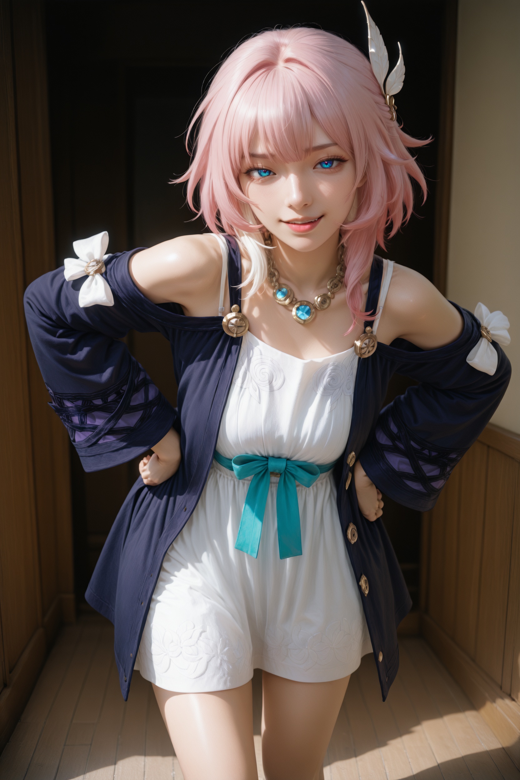 (realistic),(photorealistic:0.9),detailed,official wallpaper,newest,photo-referenced,.,.,general,.,.,1girl,feet out of frame,makeup,smirk,jewelry,indoors,day,(cyrene \(honkai: star rail\):1.1),hands on own hips,blue eyes,, very aesthetic, masterpiece, highres, absurdres,, RAW candid cinema, 16mm, color graded portra 400 film, remarkable color, ultra realistic, textured skin, remarkable detailed pupils, realistic dull skin noise, visible skin detail, skin fuzz, dry skin,