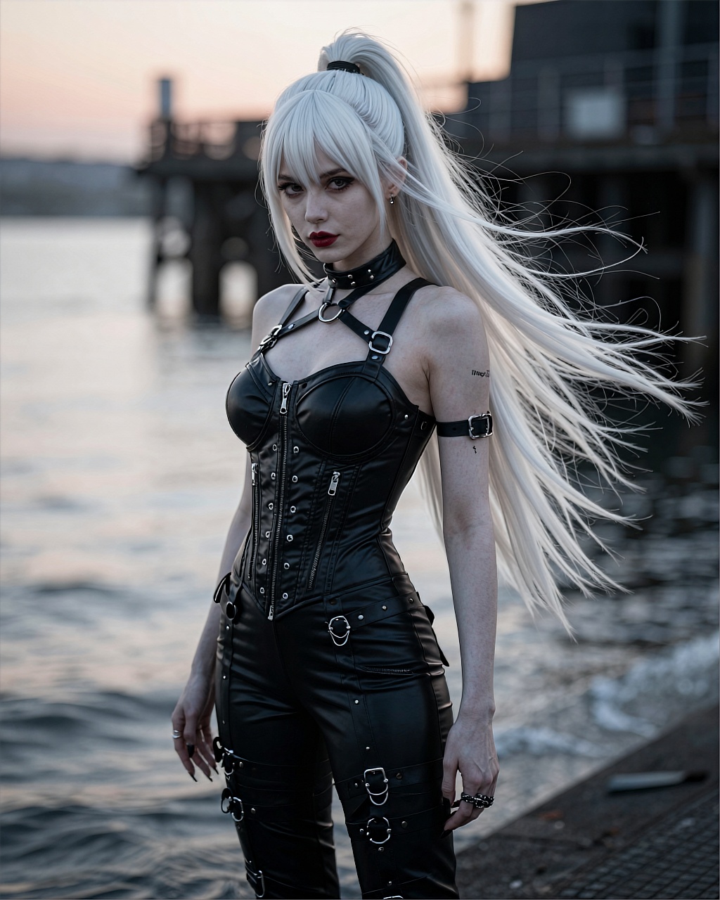 A striking woman with pale skin and long straight white hair styled in a high ponytail secured with a black hair tie stand...