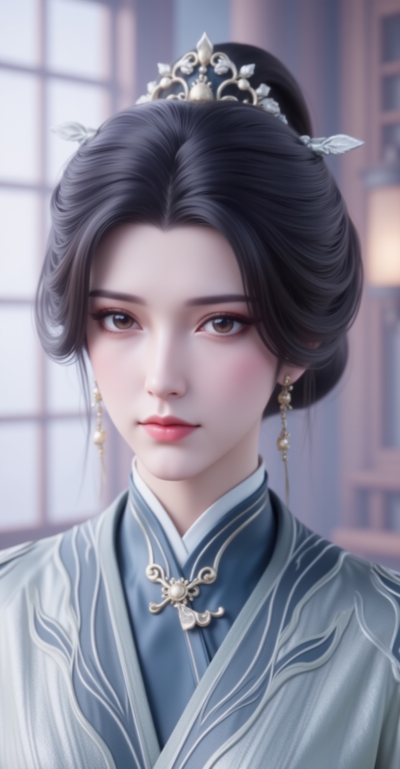<lora:师娘6:1.01>,shiniang,1girl,solo,earrings,jewelry,black hair,hair ornament,chinese clothes,blurry background,upper body,blurry,closed mouth,brown eyes,hair bun,portrait,realistic,white_background,looking_at_viewer,cover,gradient background,close-up details,outstanding style,adding a touch of dimension to your images without compromising details,close-up,<lora:DJ滤镜_2.5D版:0.2>,lvjing,<lora:绚丽多彩·优化9:0.3>,lvjing,