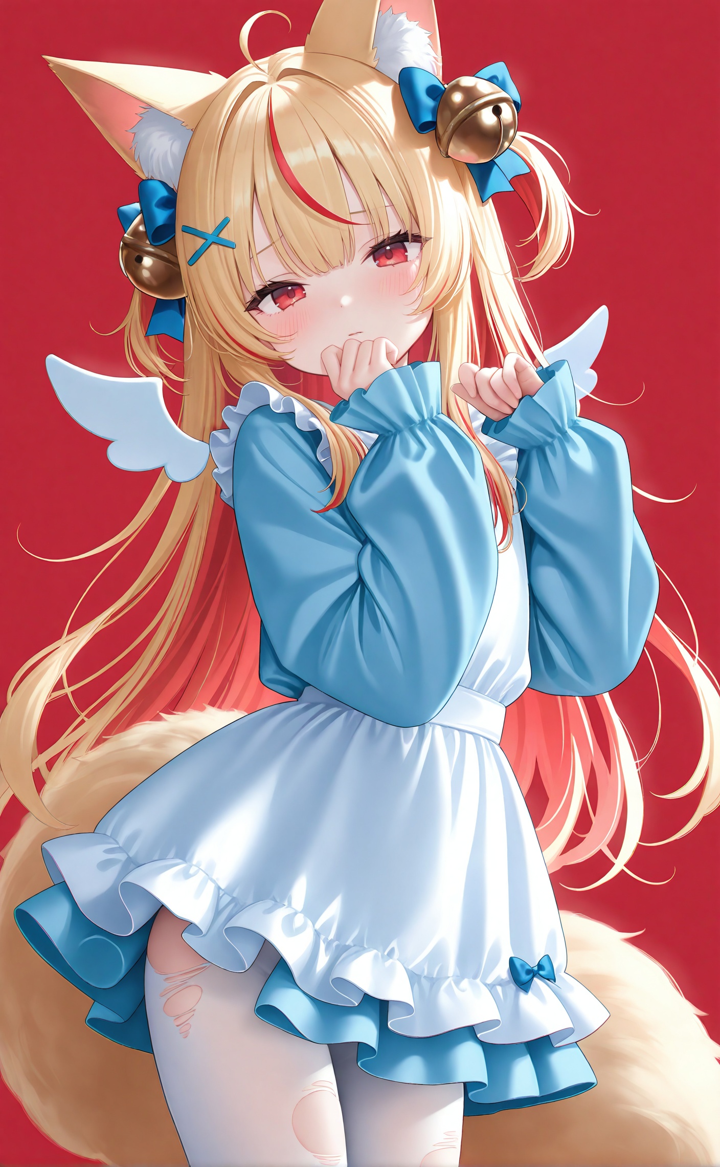 masterpiece,absurdres,best quality,loli,((petite)),high quality,chromatic_aberration,photorealistic,//, 1girl, animal ears, tail, blonde hair, fox ears, hair bell, solo, animal ear fluff, fox tail, white pantyhose, pantyhose, long hair, fox girl, red hair, torn clothes, red eyes, multicolored hair, torn pantyhose, hair bow, looking at viewer, virtual youtuber, long sleeves, puffy long sleeves, sleeves past wrists, bow, red background, bell, ahoge, hair ornament, streaked hair, two side up, dress, wings, mini wings, blue bow, blue shirt, hands up, very long hair, shirt, puffy sleeves<lora:12.17lczz new:0.8>