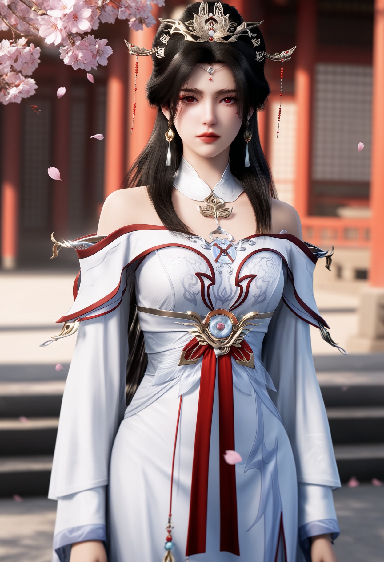 masterpiece,best quality,amazing quality,very aesthetic,high resolution,ultra-detailed,absurdres,scenery,photorealistic,(looking at viewer:1.1),upper body,(moody lighting:1.1),peach blossom,falling petals,(large breasts:0.8),yaoxixue,1girl,solo,long hair,black hair,jewelry,hair ornament,earrings,dress,bare shoulders,white dress,closed mouth,red eyes,tiara,facial mark,long sleeves,detached collar,forehead mark,hair bun,white footwear BREAK photorealistic details,<lora:QQSillyaoxixueV1:0.8>,
