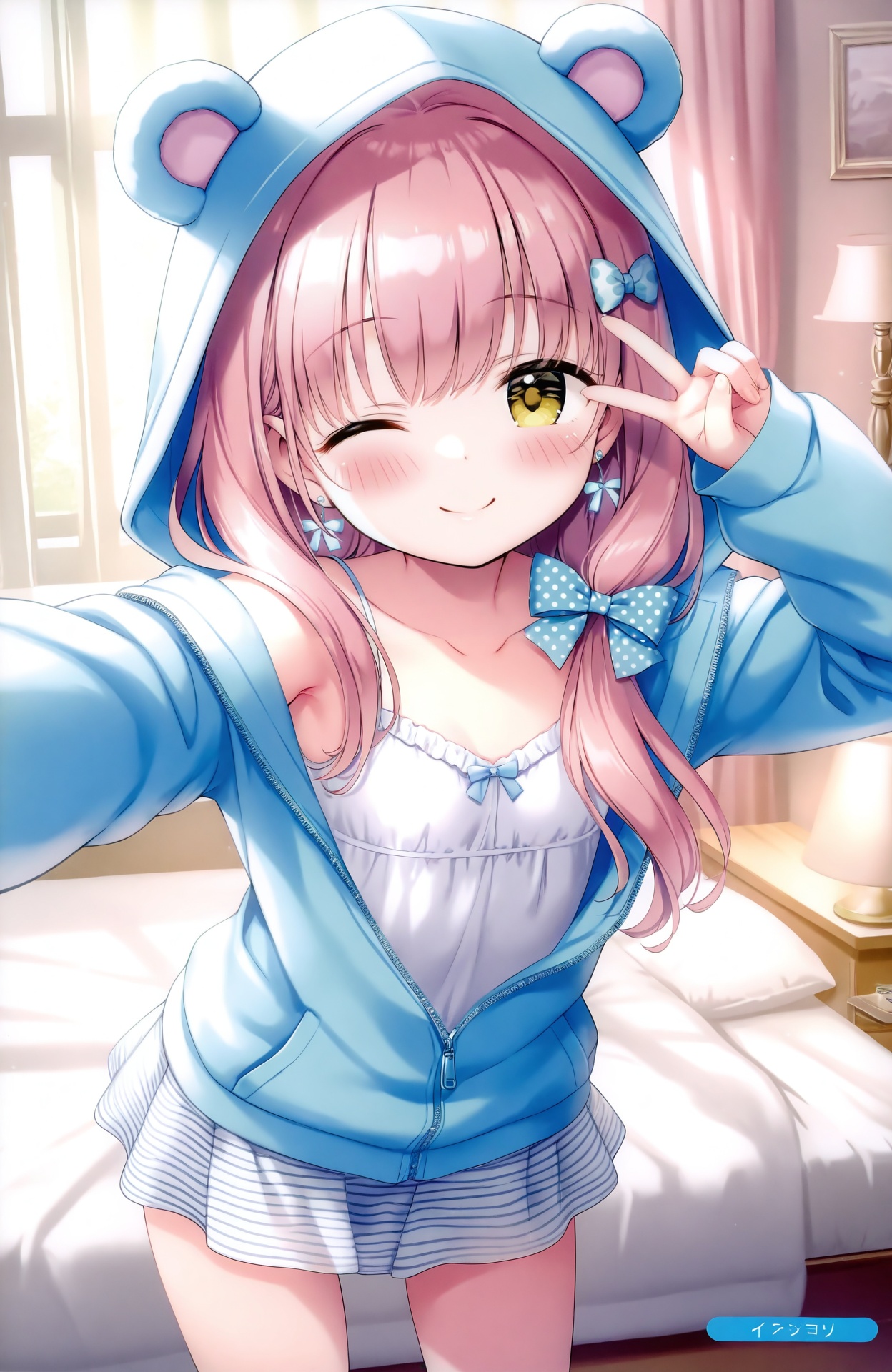 masterpiece,absurdres,best quality,loli,petite,high quality,chromatic_aberration,//,1girl, one eye closed, solo, yellow eyes, indoors, hood, pink hair, smile, v, skirt, long hair, looking at viewer, animal hood, lamp, bow, curtains, window, jewelry, jacket, striped skirt, blush, selfie, closed mouth, striped clothes, earrings, white camisole, blue bow, bedroom, bear ears, hooded jacket, camisole, polka dot, hair bow, long sleeves, ;), reaching towards viewer, cowboy shot, polka dot bow, outstretched arm, bed, reaching, hood up, frills, backlighting, white skirt, animal ears, spaghetti strap, collarbone, partially unzipped, blue jacket, see-through, standing, artist name, morning, off shoulder, desk lamp, hair ornament