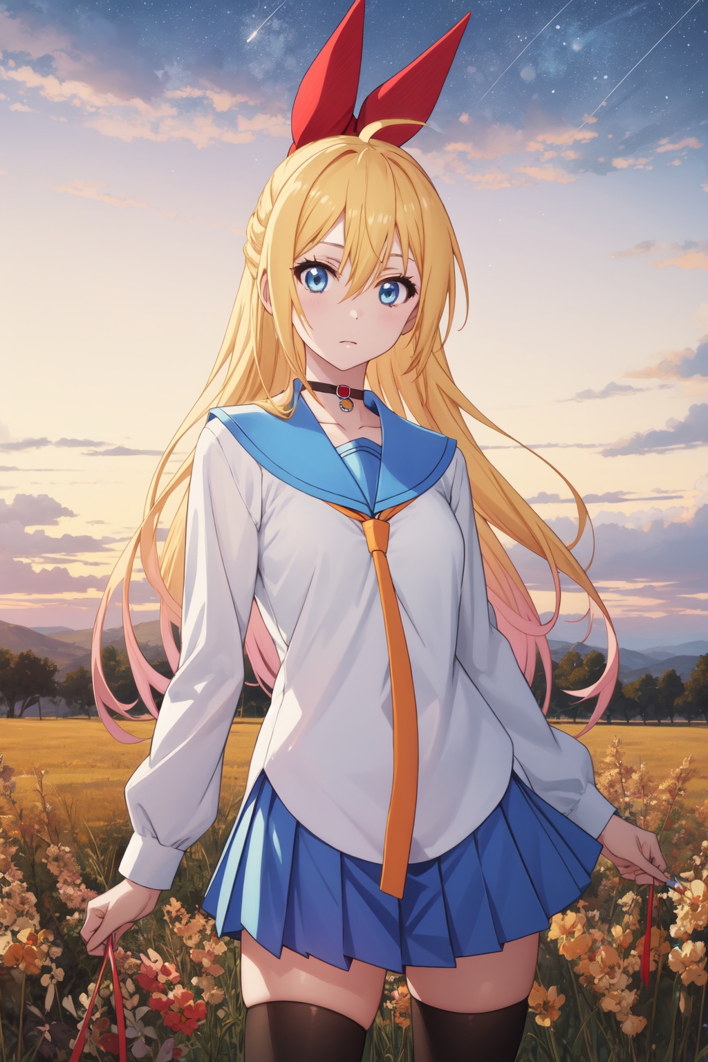 <lora:Chitoge-000008:0.8>,Chitoge CYQL,1girl,looking at viewer,solo,long hair,blonde hair,hair between eyes,ribbon,hair ribbon,red ribbon,hair bow,blue eyes,choker,school uniform,serafuku,skirt,blue skirt,zettai ryouiki,thighhighs,black thighhighs,;d,cowboy_shot,Wheat, Fields, Sunset, Colors, Horizon, Harvest, Serenity, Beauty,(Cherry blossoms, Pagoda, Koi pond, Cherry blossom festival, Japanese tranquility, Cherry blossom petals:0.5),beautiful detailed sky,beautiful detailed glow,posing in front of a colorful and dynamic background,masterpiece,best quality,beautiful and aesthetic,contrapposto,female focus,wallpaper,