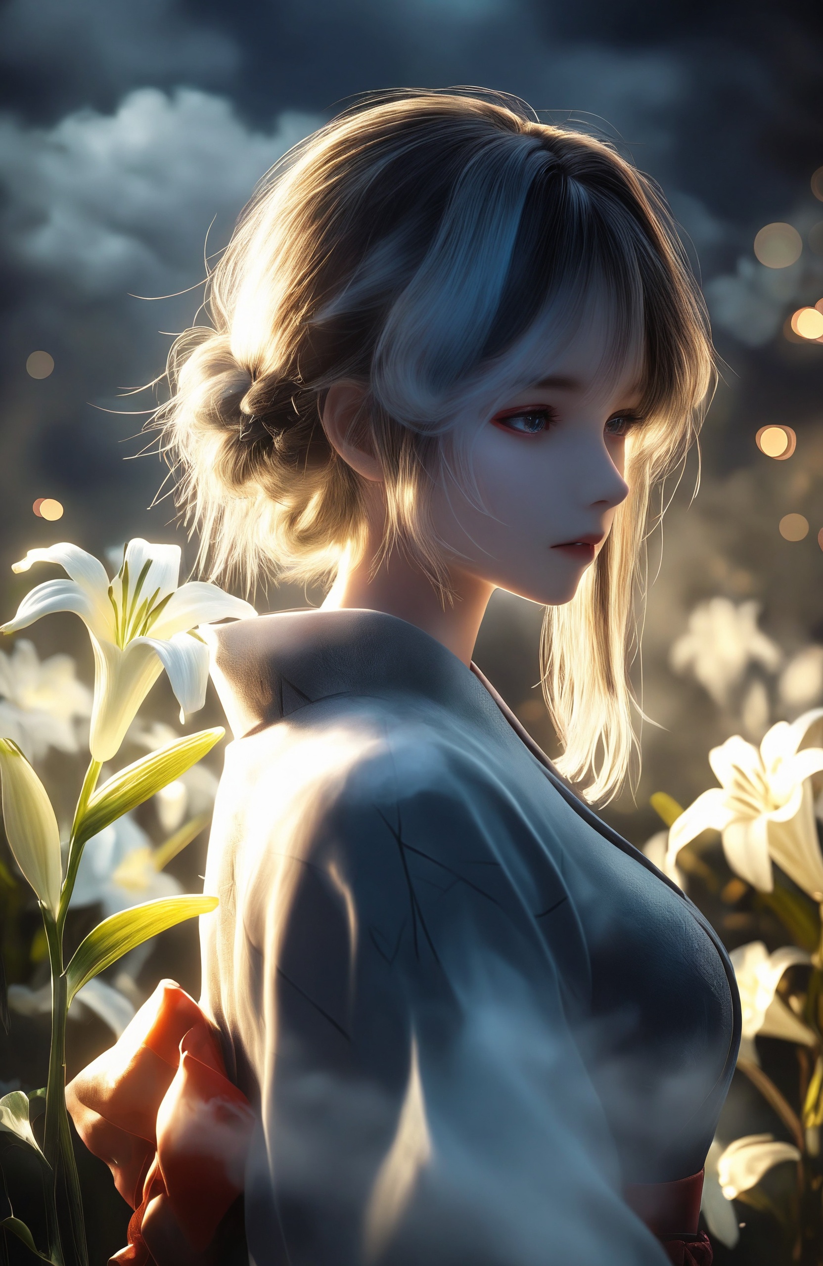 1girl, kimono, fog, bokeh, blurry background, rim light, mystical lighting, fog, particle, lily \(flower\), night, dark, upper body, very awa