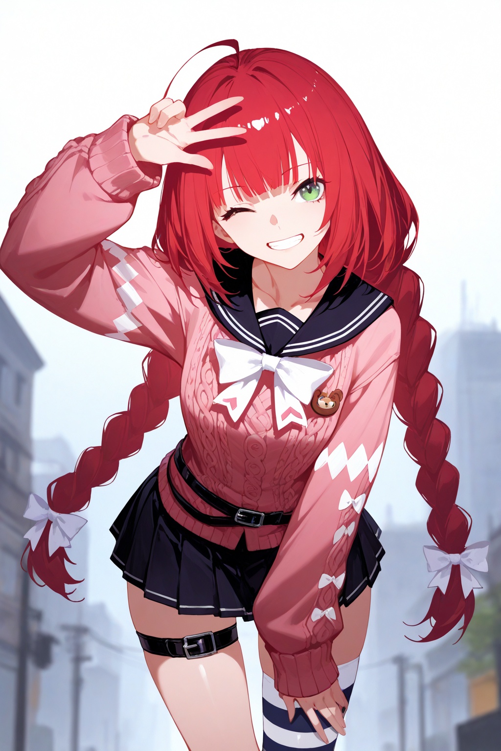 sola7764, [(rhasta:0.6)::12],1girl, ukinami yuzuha, ahoge, aran sweater, arm up, belt, black skirt, bow, bowtie, braid, breasts, cable knit, collarbone, green eyes, hair ribbon, leaning, light smile, long hair, long sleeves, looking at viewer, miniskirt, leaning forward, head tilt, one eye closed, pink sleeves, pink sweater, pleated skirt, red hair, ribbon, sailor collar, single bare leg, single thighhigh, skirt, small breasts, solo, striped clothes, striped thighhighs, sweater, smile, grin, thigh strap, thighhighs, twin braids, very long hair, w, white bow, white ribbon, outdoors, depth of field, masterpiece, best quality, absurdres,