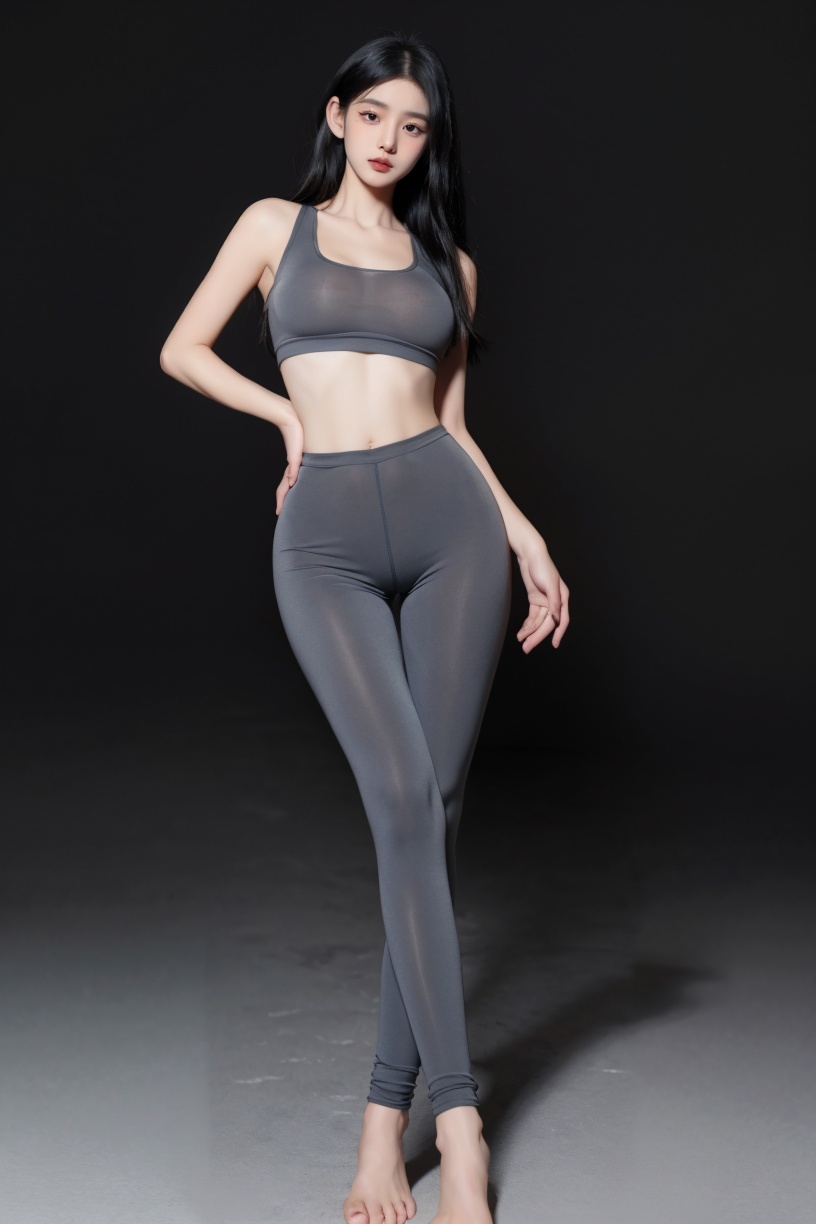1 girl,stand,And sweating,practice yoga,grey yoga clothes,Solid color,beautiful,Large breasts,Solid color background,Fleshy,Full Body,HD resolution,rich details,rich colors,piaoliang,solo,masterpiece,rich detailsrich colors,movie light,movie lens,movie special effects,extremely detailed details,rendering,HD,UHD,8K,wallpaper,yjia,dancing,<lora:YG性感瑜伽服装0:0.75>,