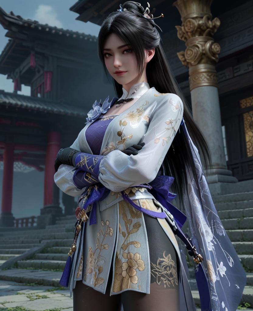 (oriental architecture, elegant decor, sophisticated style:1.1),(Standing with arms crossed and a confident smile,:1.1),(breasts:1.2),<lora:XL永劫无间顾清寒冰雁:0.95>,miss guqinghan,white dress,purple lingerie,sash,black hair,long hair,hair ornament,black gloves,black pantyhose,fart curtain,, score_9,score_8_up,score_7_up,score_6_up,score_5_up,score_4_up,3d rendering,tag1,tag2, Cinematic Lighting,backlighting,