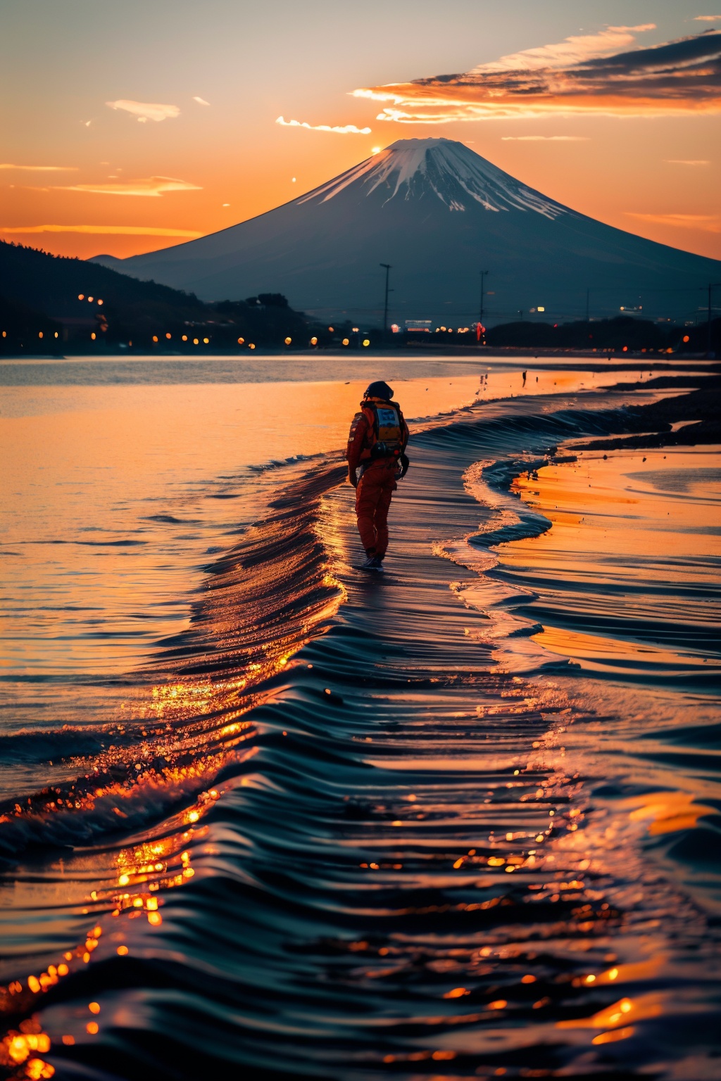 An extremely beautiful racer wearing a racing suit with sporty pants, standing next to a red Ferrari F8 Tributo 2023 Edition, in front of a beautiful lake and the bottom of Mount Fuji, rear view of the car, low-angle close-up shot, 6 PM, sunset time, beautiful gradient pink and orange sunset with fluffy clouds, shot with Sony G Master zeiss batis 18mm f/2.8, award-winning picture, highly detailed, ultra-high resolutions, 32K UHD, sharp focus, best quality, masterpiece