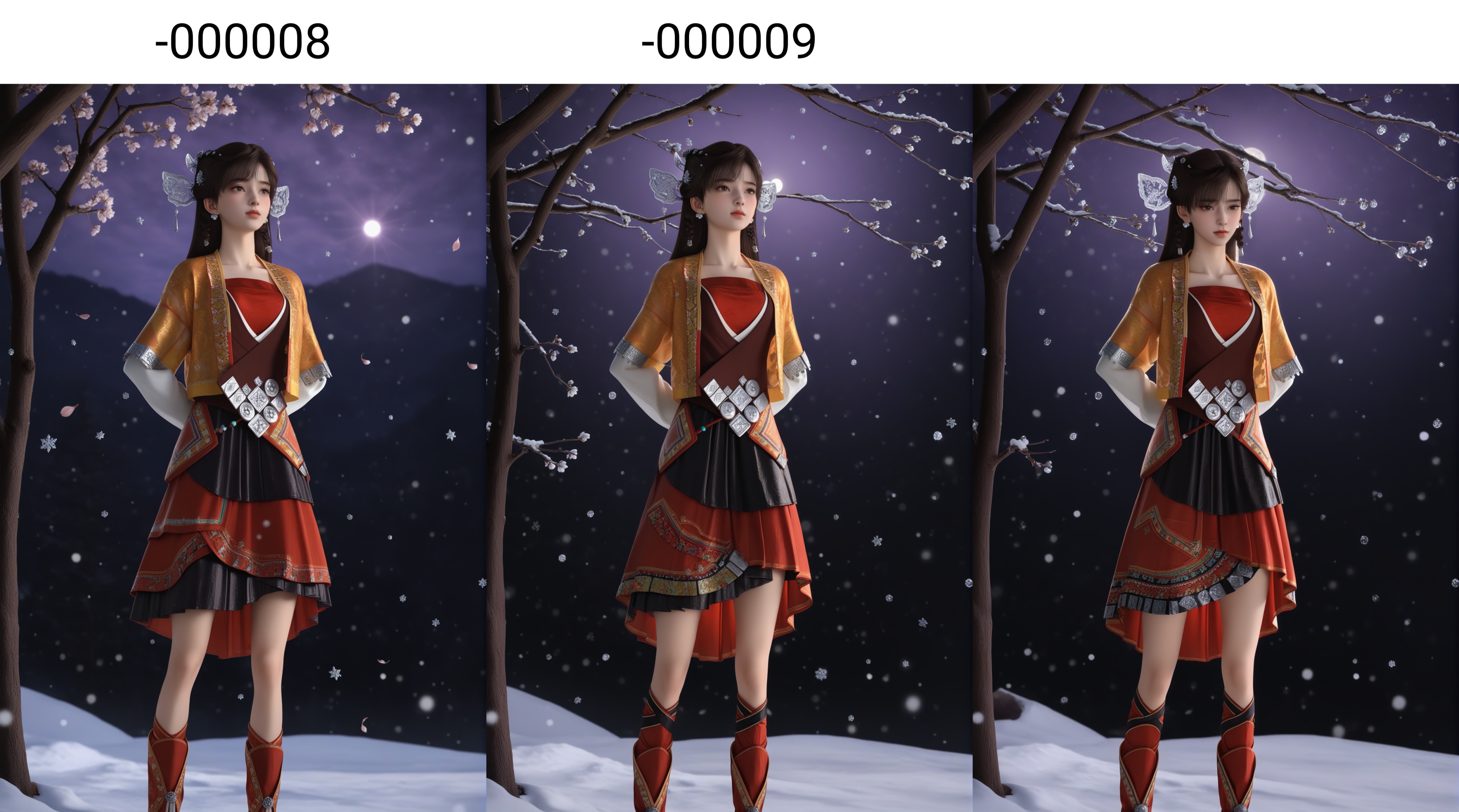 masterpiece,best quality,absurdres,highres,<lora:雪见-ill-000008:0.85>,1girl,solo,dangling tassels,filigree design,butterfly-shaped hairpiece,silver hairpins,hair ornament,dark brown hair,pearl beads,pearl earrings,twin braids,long hair,light blush,layered_dress,short jacket,red tube top,puffed sleeves,white inner sleeves,waist belt,embroidered cuffs,red skirt,traditional chinese footwear,standing,(pleated skirt),XueJian,black skirt,red long_skirt,black short_skirt,collarbone,thighs,full body,(arms_behind_back),front view,BREAK(white_skin:1.1),(fair_skin:1.1),realistic,twig,branch,falling petals,snow,snowing,snowflakes,simple background,black background,rim light,Volumetric Lighting,lens flare,Tyndall effect,depth of field,bokeh,sparkle,moon,star \(sky\),purple sky,