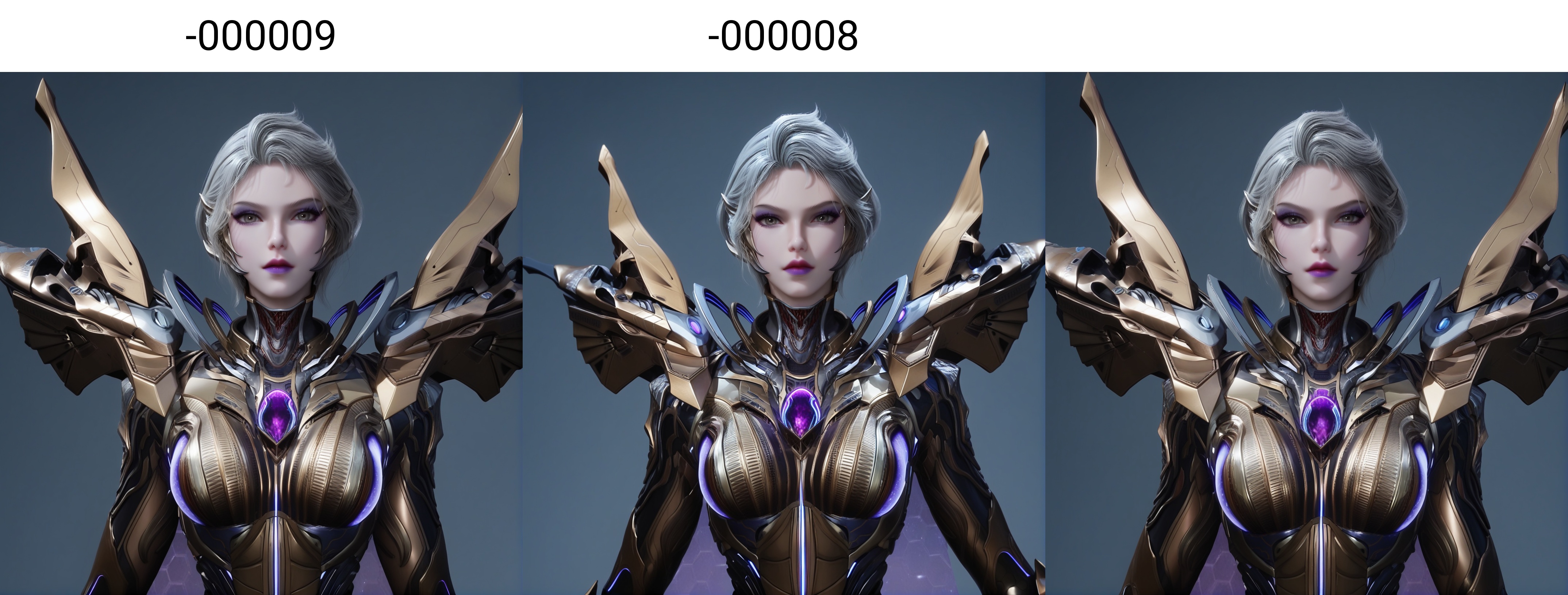 (score_9),cowboy shot, <lora:九皇女-apony-000009:0.82>,jhn,1girl,solo,short hair,grey hair,purple lips,eyeshadow,makeup,sci-fi suit,mechanical wings,bodysuit,<lora:perfect eyes_v1:0.8>,light blush,Expressiveh,<lora:Expressive_H-000001:0.8>,collarbone,(glamor:1.2),curvy,BREAKlooking at viewer,front view,<lora:e肤色滑块:0.5>,fair_skin,(pale_skin),(white skin),<lora:e色温:0.35>,light skin,BREAKsimple background,grey background,ultra-detailed skin texture,detailed textures,4K ultra HD,sharp focus,high detail,natural lighting,high contrast,hearts,Volumetric Lighting,Tyndall effect,