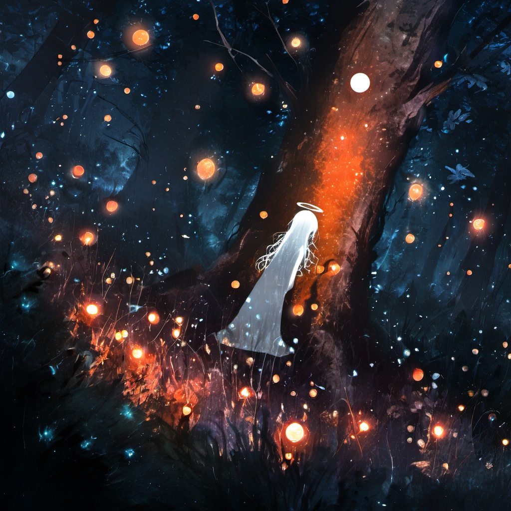 <lora:star_xl_v3:1>,silhouette painting, ethereal ambiance, 1girl, orange theme, solo, long hair, blonde hair, dress, very long hair, standing, outdoors, white dress, tree, glowing, halo, nature, scenery, forest, bubble, dark, night, moon, light, crescent moon, a mystical and ethereal forest scene at night, the forest floor is illuminated by a myriad of glowing orbs, some of which resemble fireflies, while others have a more luminescent quality. these orbs cast a soft and radiant light that contrasts with the darker shadows of the trees and foliage, a tall and glowing silhouette of a girl with long flowing hair, standing amidst the orbs, serene, magical, and otherworldly., nocturnal, glow, orbs, fireflies, radiant light, luminescent, translucent, ambiance