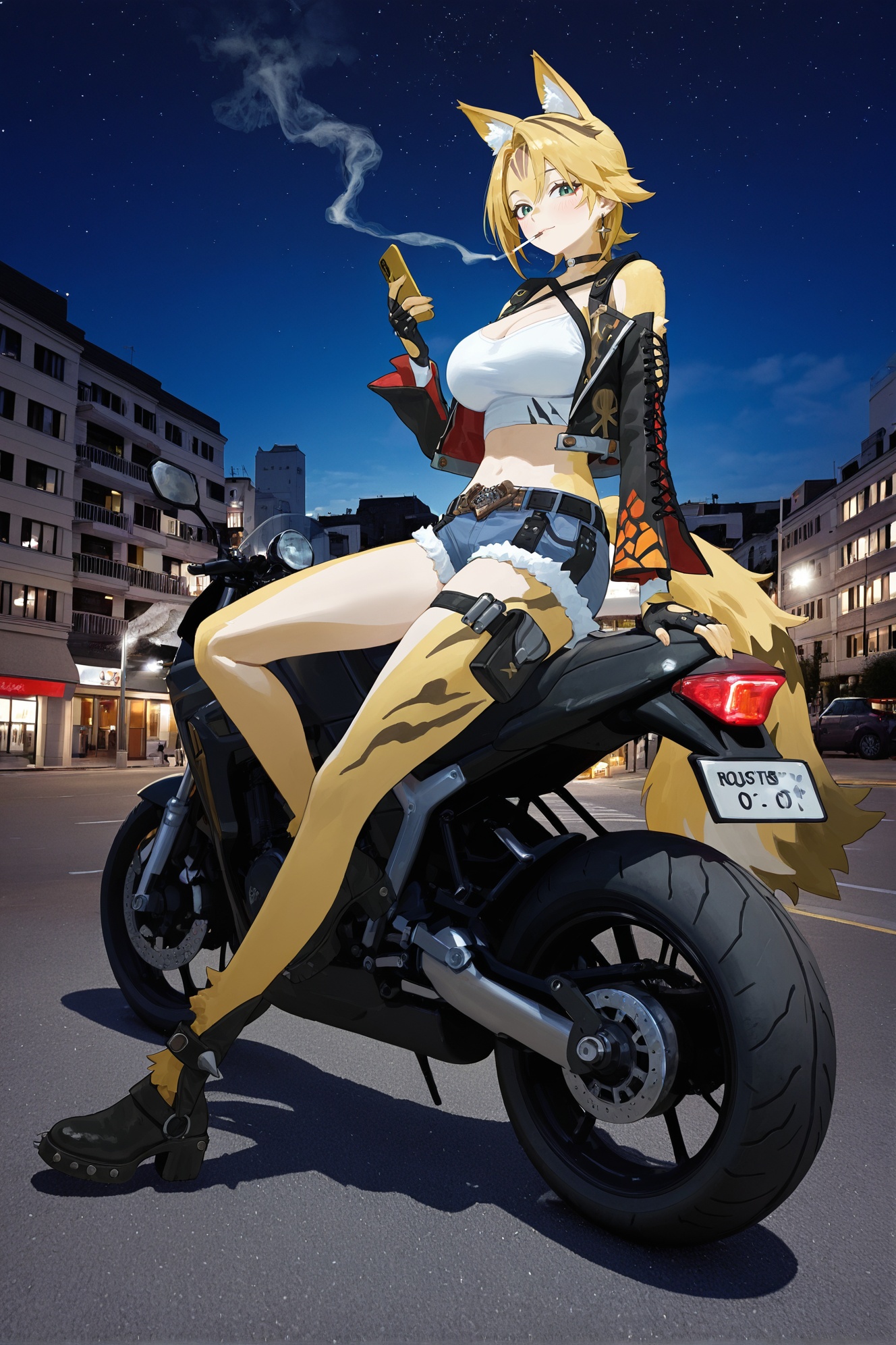 (artist: nanoless, artist: misumi \(macaroni\):0.25),original,low_quality,normal_quality,(by xilmo, by modare, by reoen:1.1),(hyperrealistic:1.1),(high_contrast:1.1),(depressed_(\theme\):1.2),(horror_\(theme\):1.1),(russia:1.2),(photo background:1.2),buildings,architecture,solo,closed mouth,large breasts,(black-color-scheme:1.1),outdoors,scenery,(breasts),looking_at_viewer,blush,smile,long_sleeves,dress,holding,cleavage,jewelry,medium_breasts,sitting,full_body,earrings,outdoors,parted_lips,detached_sleeves,sky,cloud,night,floating_hair,shadow,cellphone,(ground_vehicle:1.1),building,star_(sky),night_sky,(motor_vehicle:1.1),smartphone,starry_sky,holding_phone,city,road,motorcycle,shooting_star,<lora:Pulchra-noob-Tanger-000014:0.9>,pulchra fellini \(zenless zone zero\),clothes: pulchra def clothes,cheetah girl,fur skin,furry,1girl,animal ears,tail,fingerless gloves,jacket,short hair,shorts,belt,blonde hair,open jacket,cutoffs,midriff,thigh strap,full body fur,smoke,smoking,