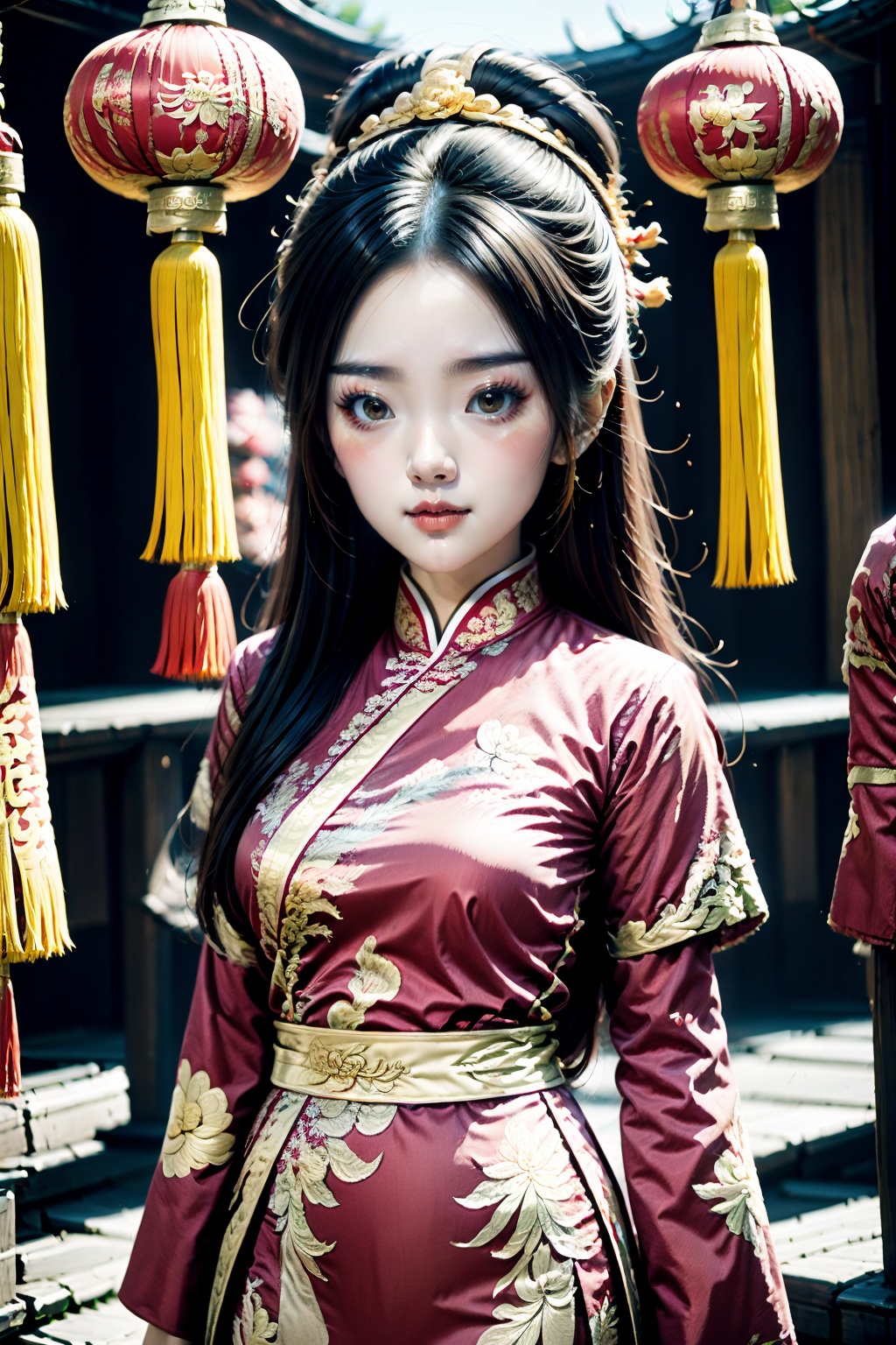 <lora:ChineseNewYear:0.8>, chinese new year, girl, (smirk:0.2), long hair, arms at sides, red chinese clothes, paper lantern, 