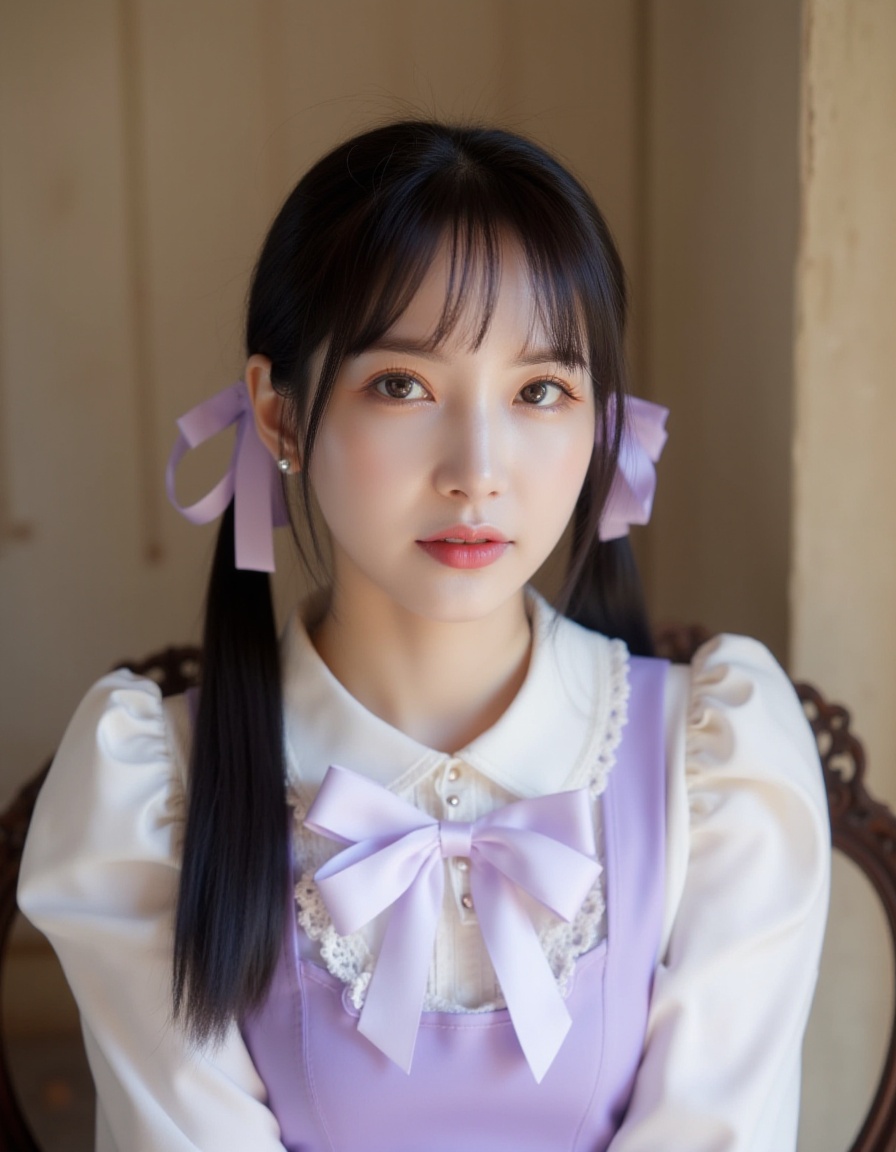 A photograph of an Asian woman with fair skin and long black hair styled in twin pigtails adorned with delicate lavender b...