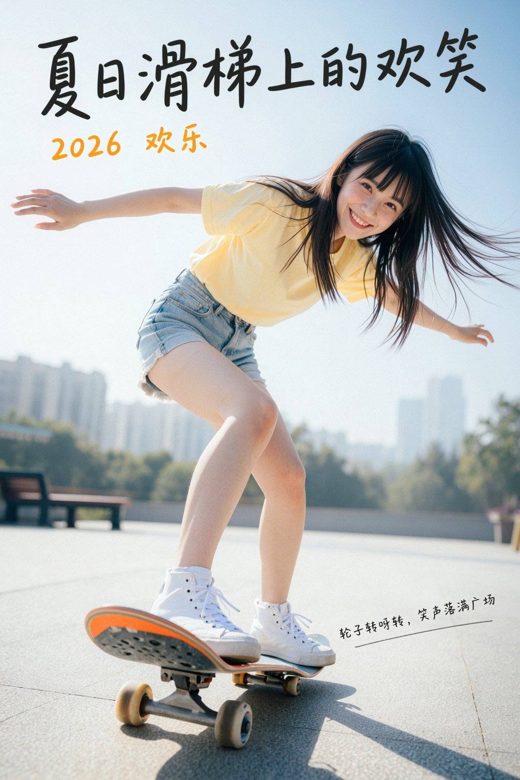 极度清晰的电影级质感,图片风格：用极致的高光死白制造视觉焦点,用明暗细节的对比拉满情绪张力,最终实现“强烈,锐利,有层次” 的视觉冲击,图片内容:8K超清电影剧照,极致细节,完美的色彩噪点控制,钨丝蓝调晕光,双色温混光色调,高反差气氛,过度曝光,rim light,体积光束,正常皮肤纹理,阴影有细节,抓拍,丝绒般,微粒,幼滑,绵密,可触摸的灰阶,毛呢质感,磨砂,空气胶体,灰雾厚度,粒子景深,颗粒透视,银盐雪幕,文案设计手写花体字：“TinZ-Image-Turbo-BF16”,女明星饰演黑道少女,瘦身穿搭,公主切长发,肤白貌美,narrow_waist,腿很长,睫毛,细眉,上围饱满,皮肤白皙,参考元素描述如下:林佑夏,漫展Coser写实照片,日本女明星在广场玩滑板,低视角从脚开始往上拍摄,可见她穿着白色运动鞋的脚踩在滑板上,浅蓝牛仔短裤下露出纤细小腿,双手张开保持平衡,上身微晃,头歪向一侧,正对着镜头露出灿烂笑容,眼角带笑纹,发丝因动作飞扬,姿态灵动又透着活泼的嬉笑感,封面顶部用带动感的手写体写着“夏日滑梯上的欢笑”,下方以橙色小字标注“2026 欢乐”,右下角用细线条画着滑板轮廓,旁边配着“轮子转呀转,笑声落满广场”一行小字,文案随滑板动态倾斜,充满活力,采用低角度仰拍构图,从滑板底部向上延伸,人物占据画面右侧三分之二,左侧留白为广场地面与远处的长椅,背景虚化突出动态,光线是午后的侧光,柔和地在人物腿部与滑板上形成浅淡阴影,地面反射阳光光斑,明暗过渡自然,画面带轻微颗粒感,色彩以低饱和的白,浅蓝,橙黄为主,运动鞋是白色,短裤是浅蓝,滑板边缘有橙色装饰,人物穿浅黄色T恤,广场地面是淡灰,整体色调明快清新,像被夏日阳光晒得发亮,尽显日系文艺的细腻与朝气,