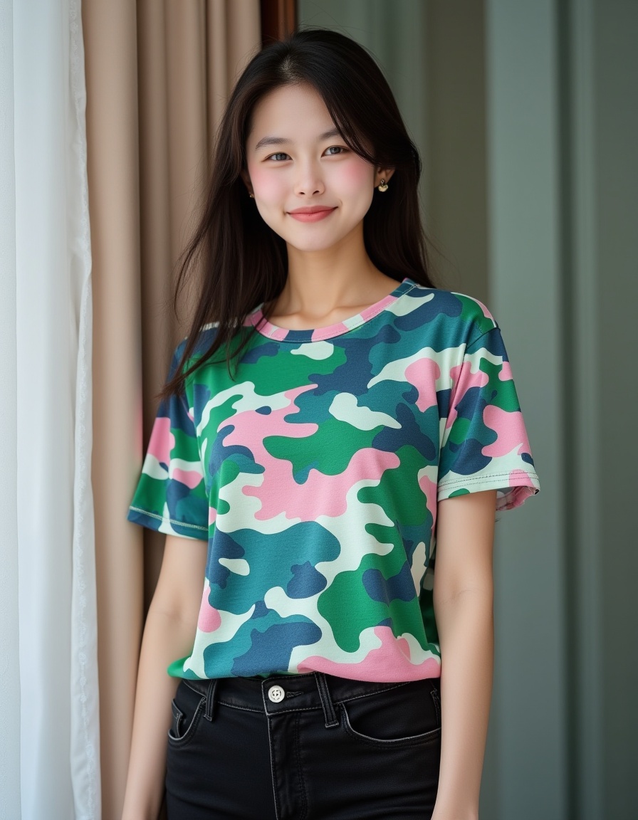 a real picture of a south korea woman,In Camouflage print t-shirt in vibrant shades of green,blue,and pink,Black skinny Jeans,