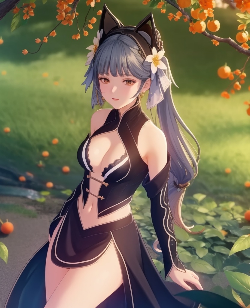 <lora:705-DA-鸣潮-今汐-赛博猫娘:0.8>(,1girl, ,best quality, ),looking at viewer,  ,ultra detailed background,ultra detailed background,ultra realistic 8k cg,, ,masterpiece, (( , )),, ,      ,  orange blossoms,  (cleavage), (), ,,