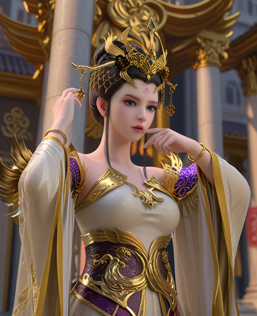 (oriental architecture, elegant decor, sophisticated style:1.1),(contemporary aerial dance:1.1),(breasts:1.2),<lora:XL雪鹰领主墨阳琦:0.95>,miss moyangqi,white dress,gold trim,hair ornament,forehead mark,hair bun,earlock,black hair,mesh sleeves,green eyes,sash,see-through overskirt,bracelet,, score_9,score_8_up,score_7_up,score_6_up,score_5_up,score_4_up,3d rendering,tag1,tag2, Cinematic Lighting,backlighting,