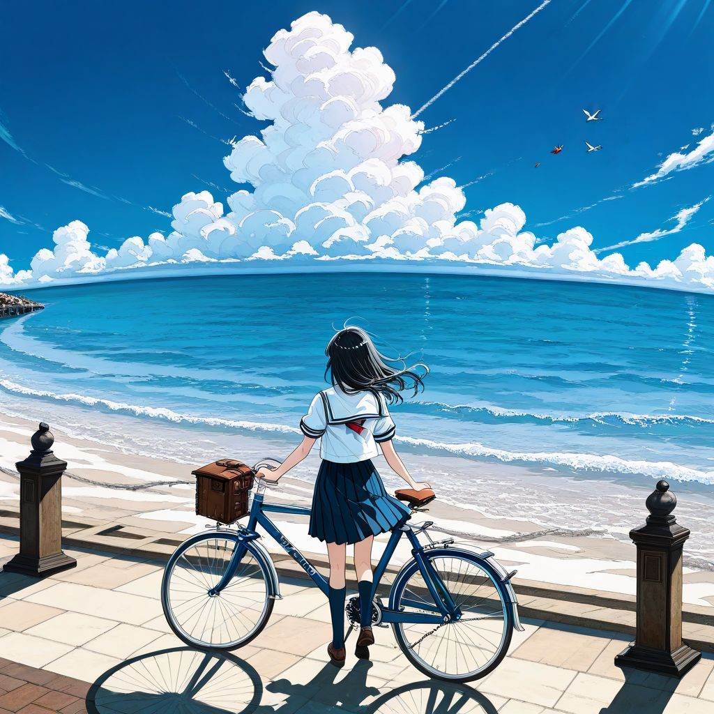 880s anime-style illustration,  watercolor painting. An anime-style illustration depicting a quiet residential area downhi...