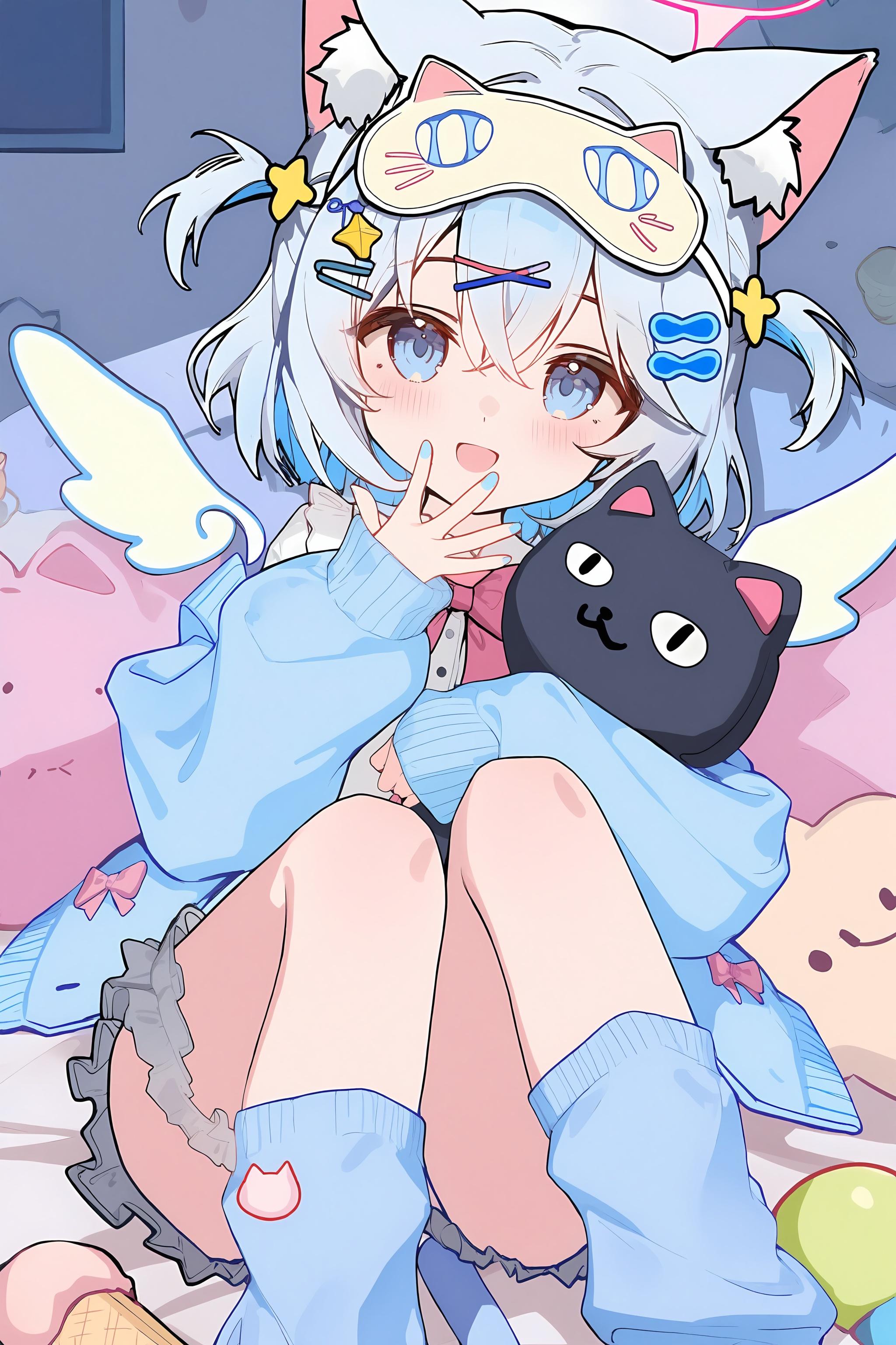 high resolution,aesthetic,excellent,medium resolution,newest,year 2025,<lora:nai4-ckxl0.2-000031>,sleep mask,1girl,stuffed toy,animal ears,stuffed animal,blue eyes,mini wings,hair ornament,detached wings,sleeves past wrists,mask on head,tail,ers,animal ear fluff,cat girl,blue cardigan,wings,cat tail,cat ears,long sleeves,socks,x hair ornament,mask,cardigan,looking at viewer,halo,puffy long sleeves,solo,lying,open mouth,blue socks,white ers,hairclip,open cardigan,on back,eye mask,white wings,feet out of frame,frilled shorts,teddy bear,blush,knees together feet apart,grey hair,holding stuffed toy,loose socks,puffy sleeves,open clothes,smile,bed sheet,ice cream,underwear,stuffed cat,hair between eyes,shirt,fish hair ornament,crossed bangs,crescent,short hair,food,crescent hair ornament,two side up,hugging object,pink bow,star hair ornament,white shirt,blue nails,knees up,jacket,hand up,blue wings,blue jacket,heart hair ornament,blue hair,bridal garter,:d,bow,loli,
